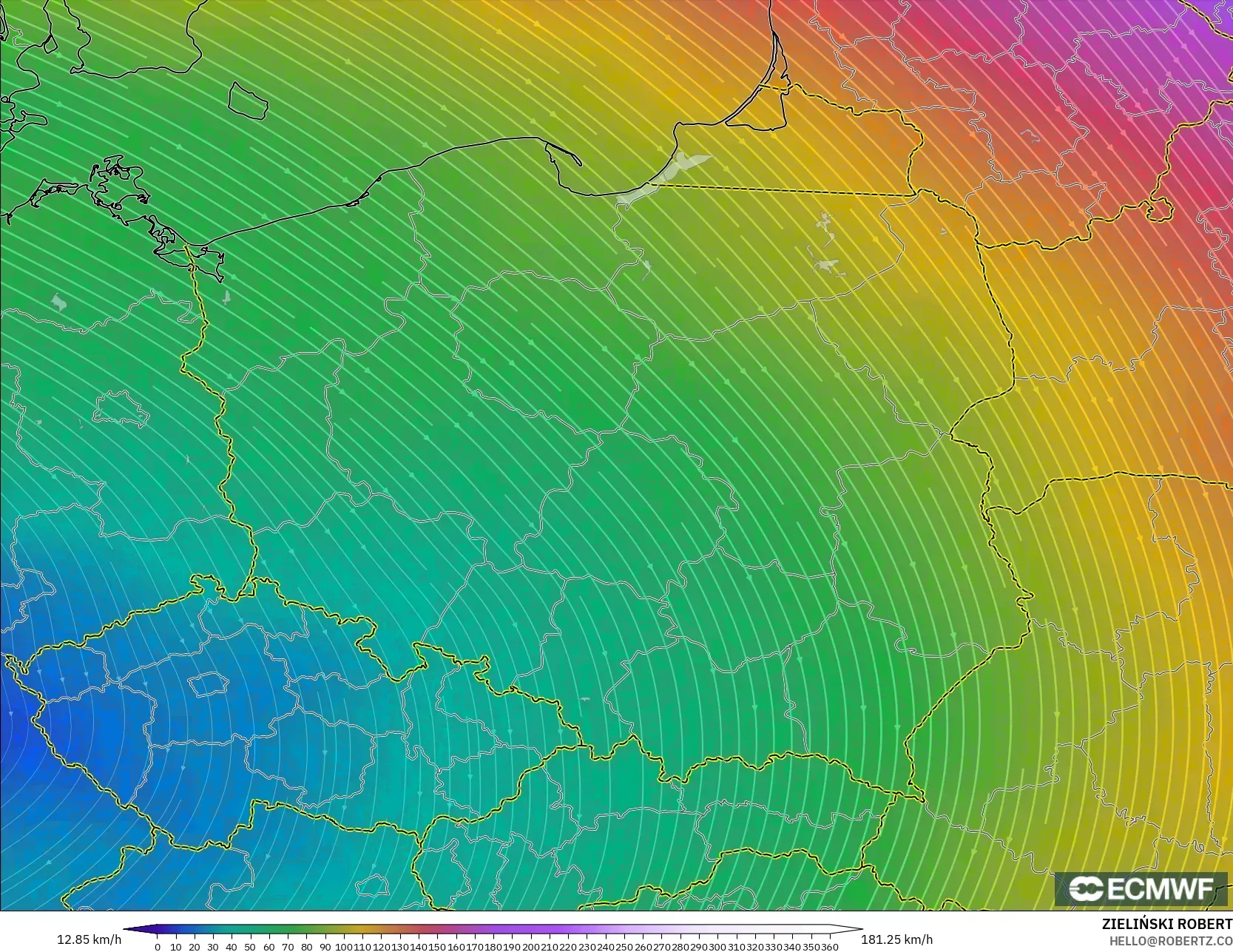 ECMWF IFS 0.25° model - Poland, Wind at 300hPa (jet stream)