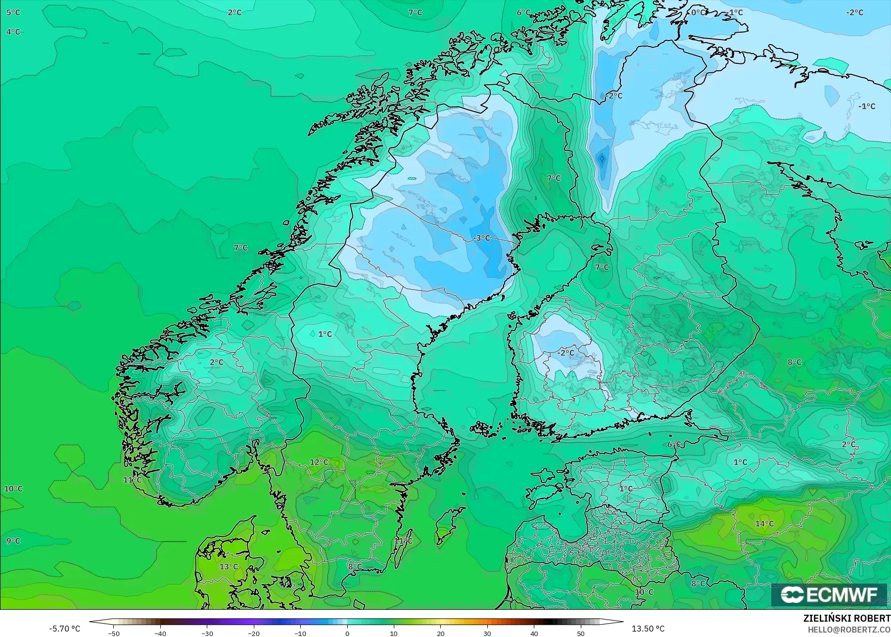 ECMWF IFS 0.25° model - Scandinavia, Dewpoint at 2m