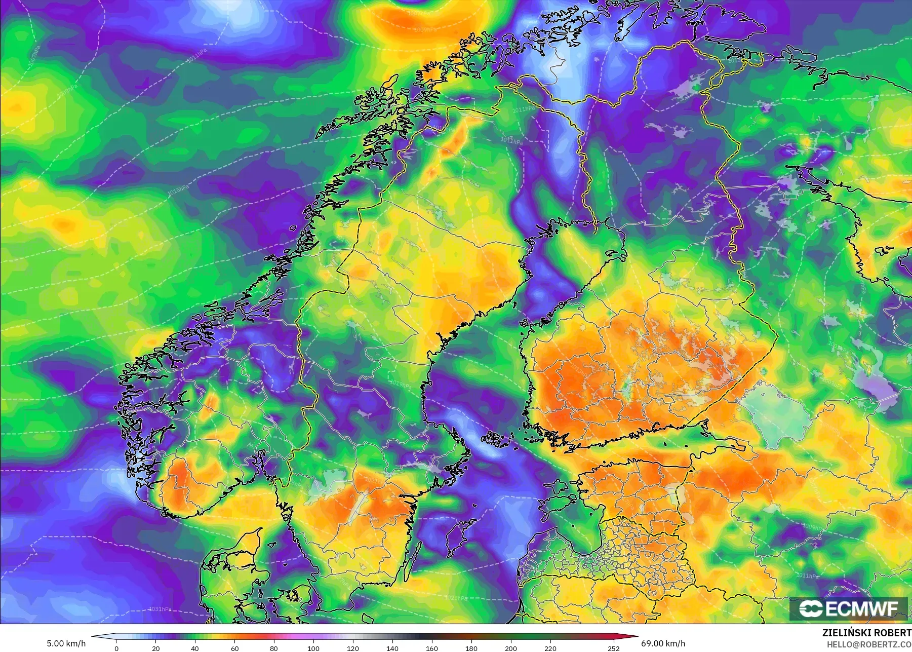 ECMWF IFS 0.25° model - Scandinavia, Wind Gusts Peak
