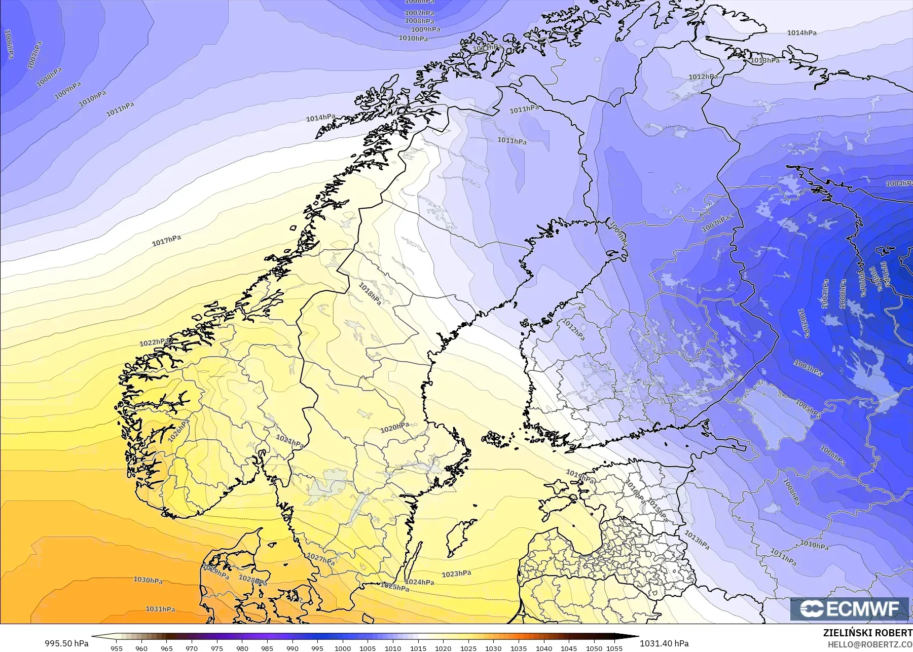 ECMWF IFS 0.25° model - Scandinavia, Pressure