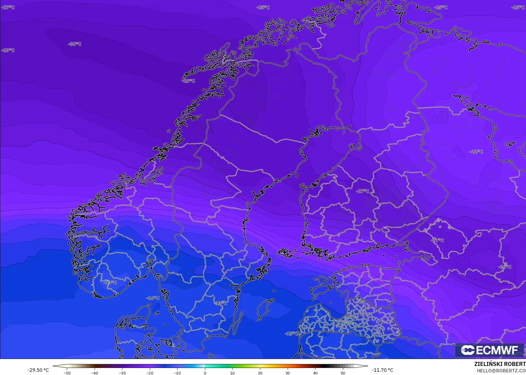 ECMWF IFS 0.25° model - Scandinavia, Temperature at 500hPa