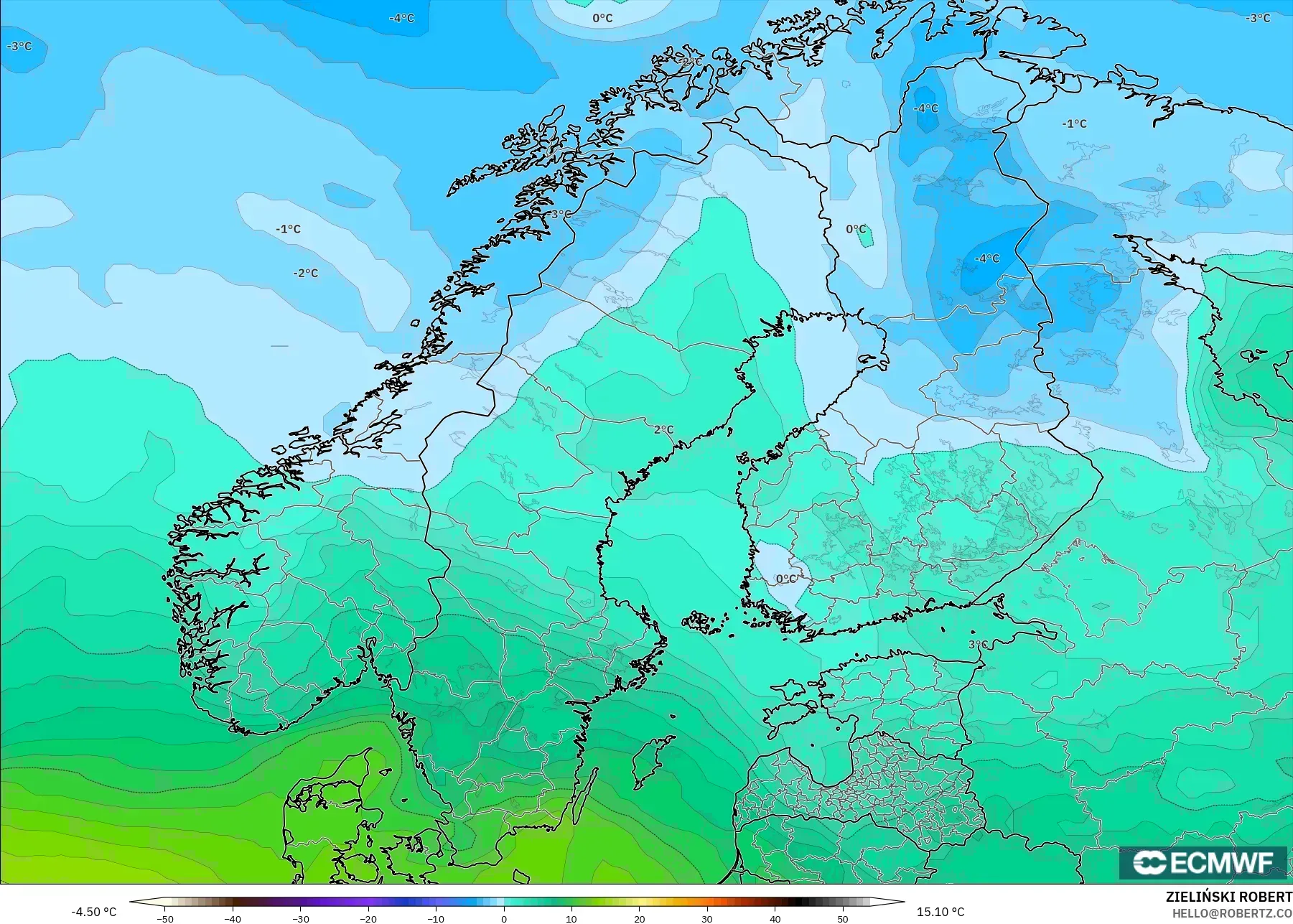 ECMWF IFS 0.25° model - Scandinavia, Temperature at 850hPa