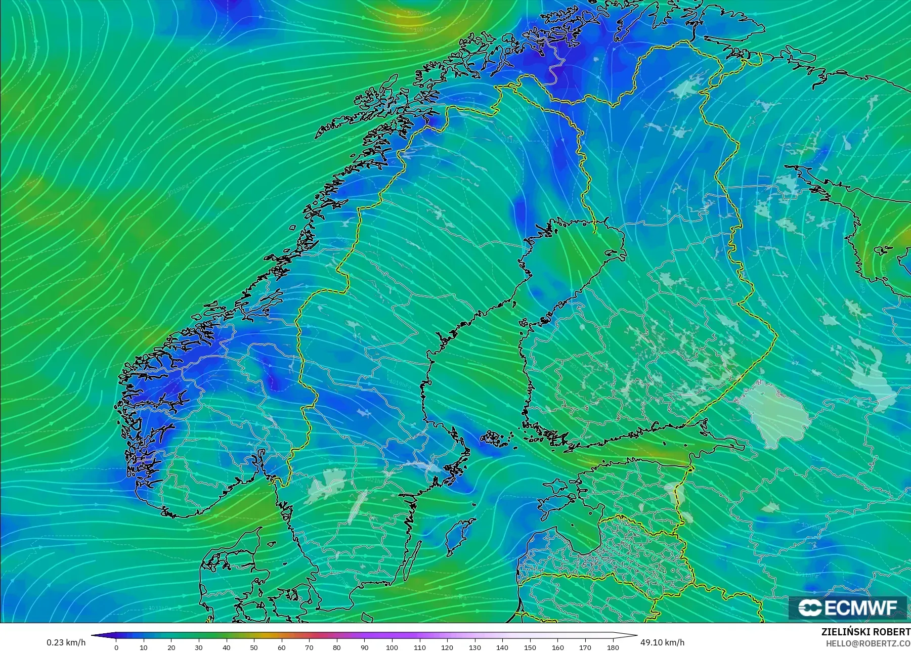 ECMWF IFS 0.25° model - Scandinavia, Wind at 10m