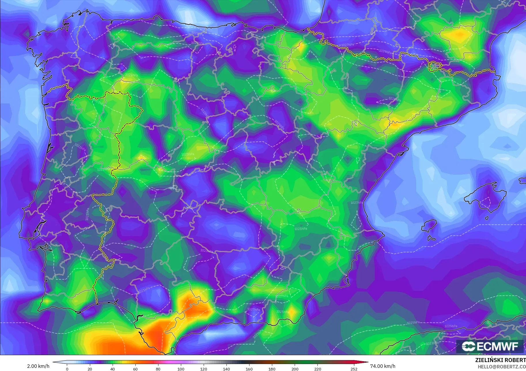 ECMWF IFS 0.25° model - Spain, Wind Gusts