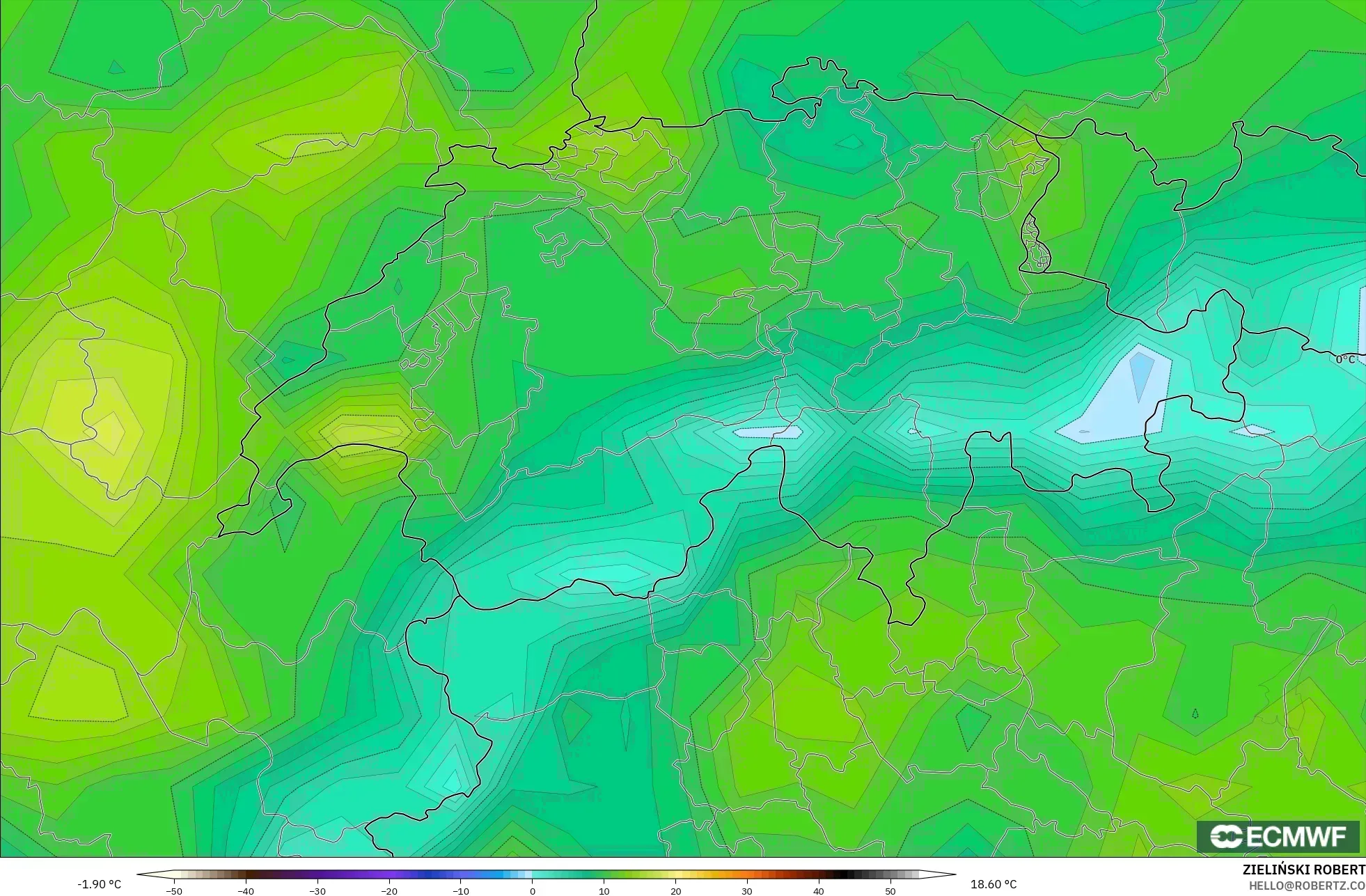 ECMWF IFS 0.25° model - Switzerland, Dewpoint at 2m