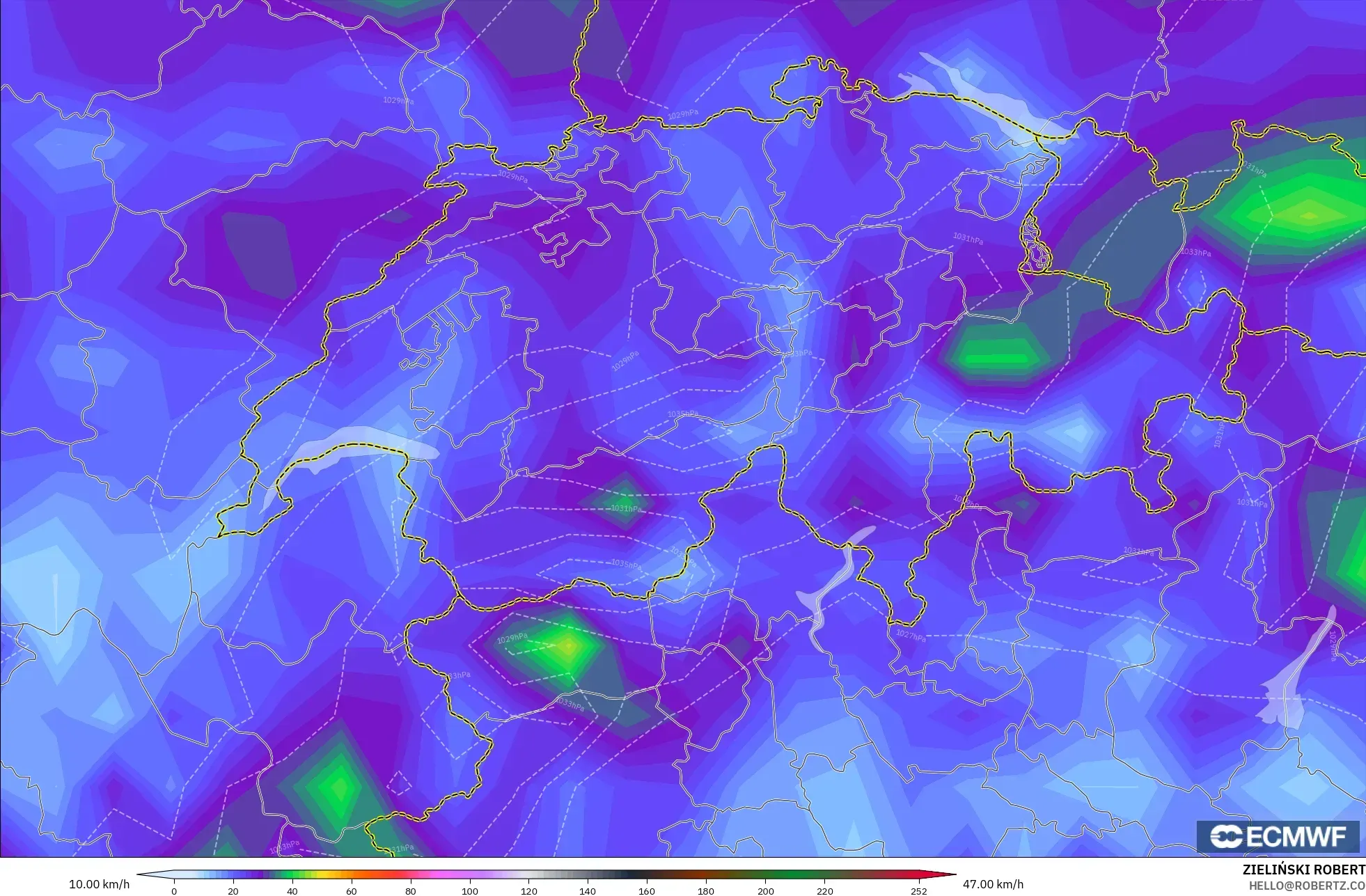 ECMWF IFS 0.25° model - Switzerland, Wind Gusts Peak