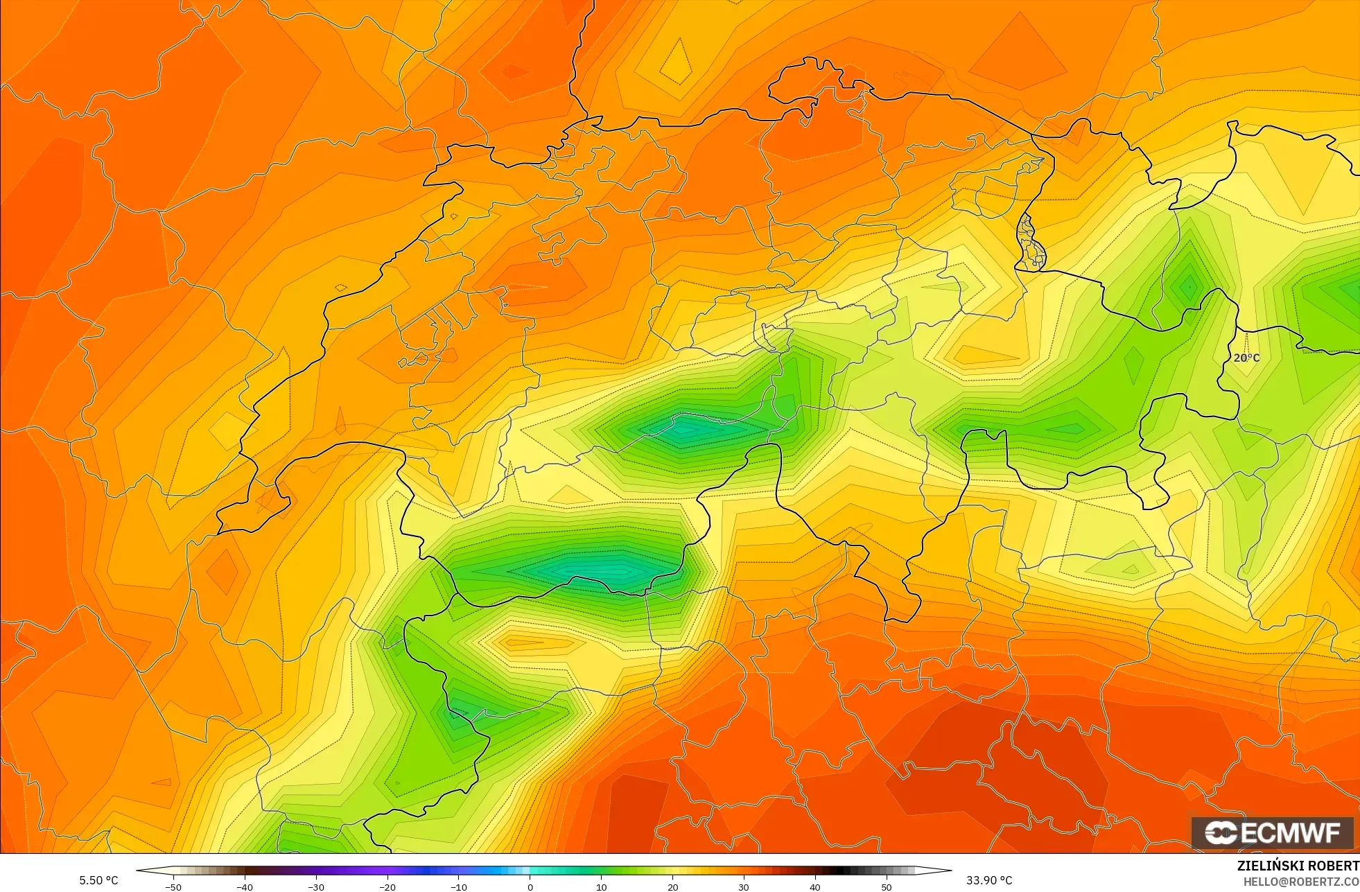 ECMWF IFS 0.25° model - Switzerland, Temperature at 2m
