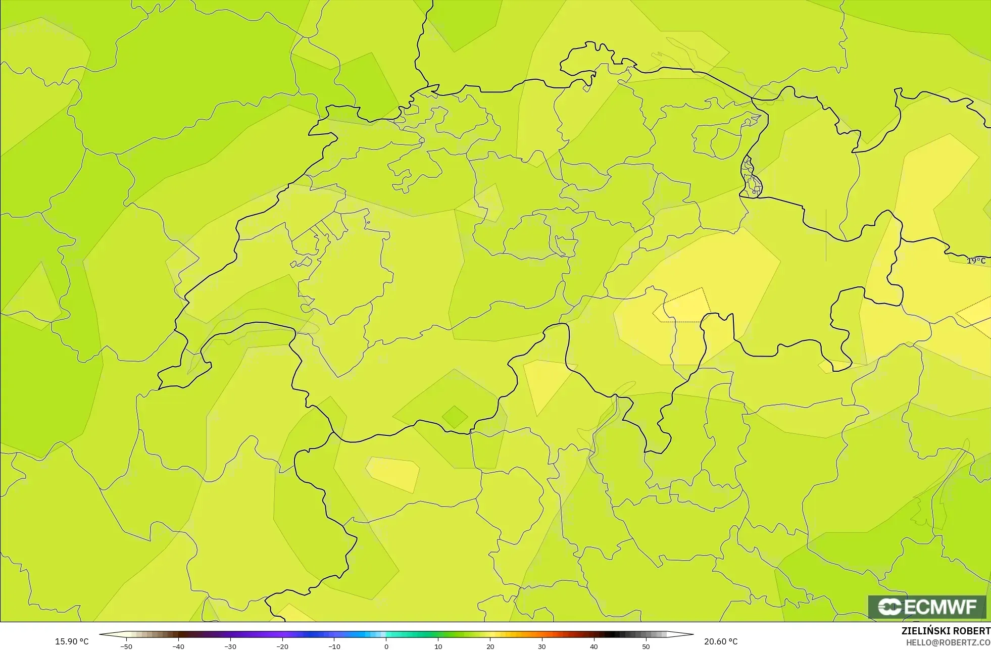 ECMWF IFS 0.25° model - Switzerland, Temperature at 850hPa
