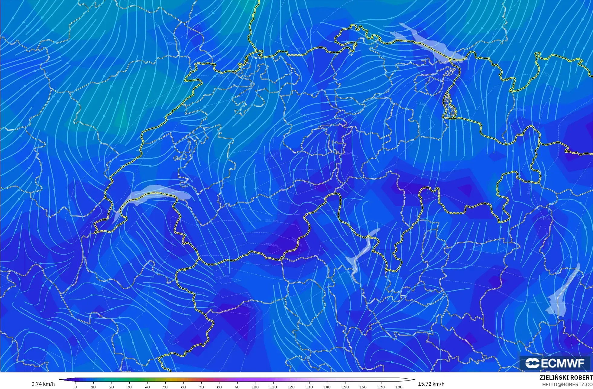 ECMWF IFS 0.25° model - Switzerland, Wind at 10m