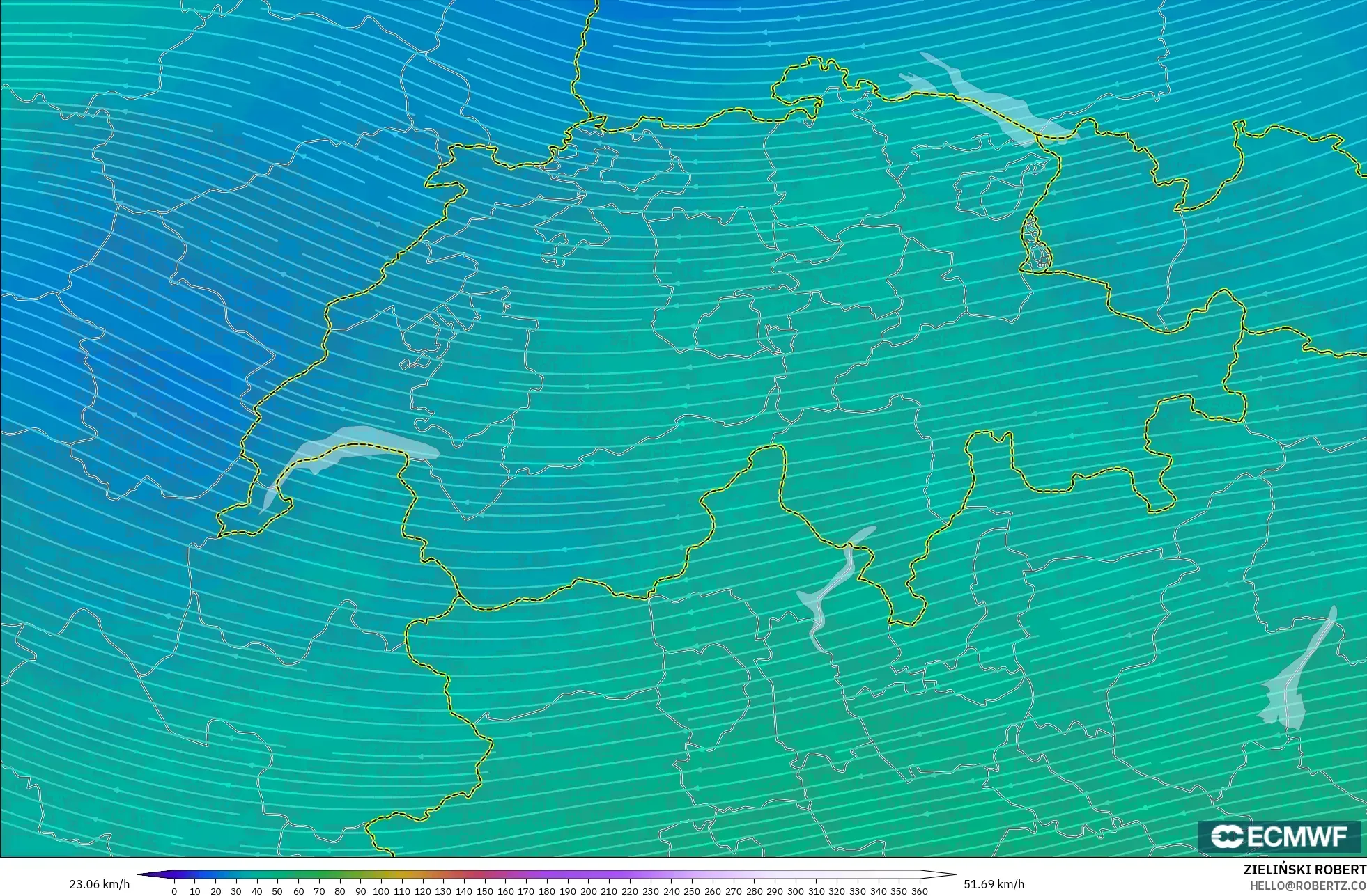 ECMWF IFS 0.25° model - Switzerland, Wind at 300hPa (jet stream)