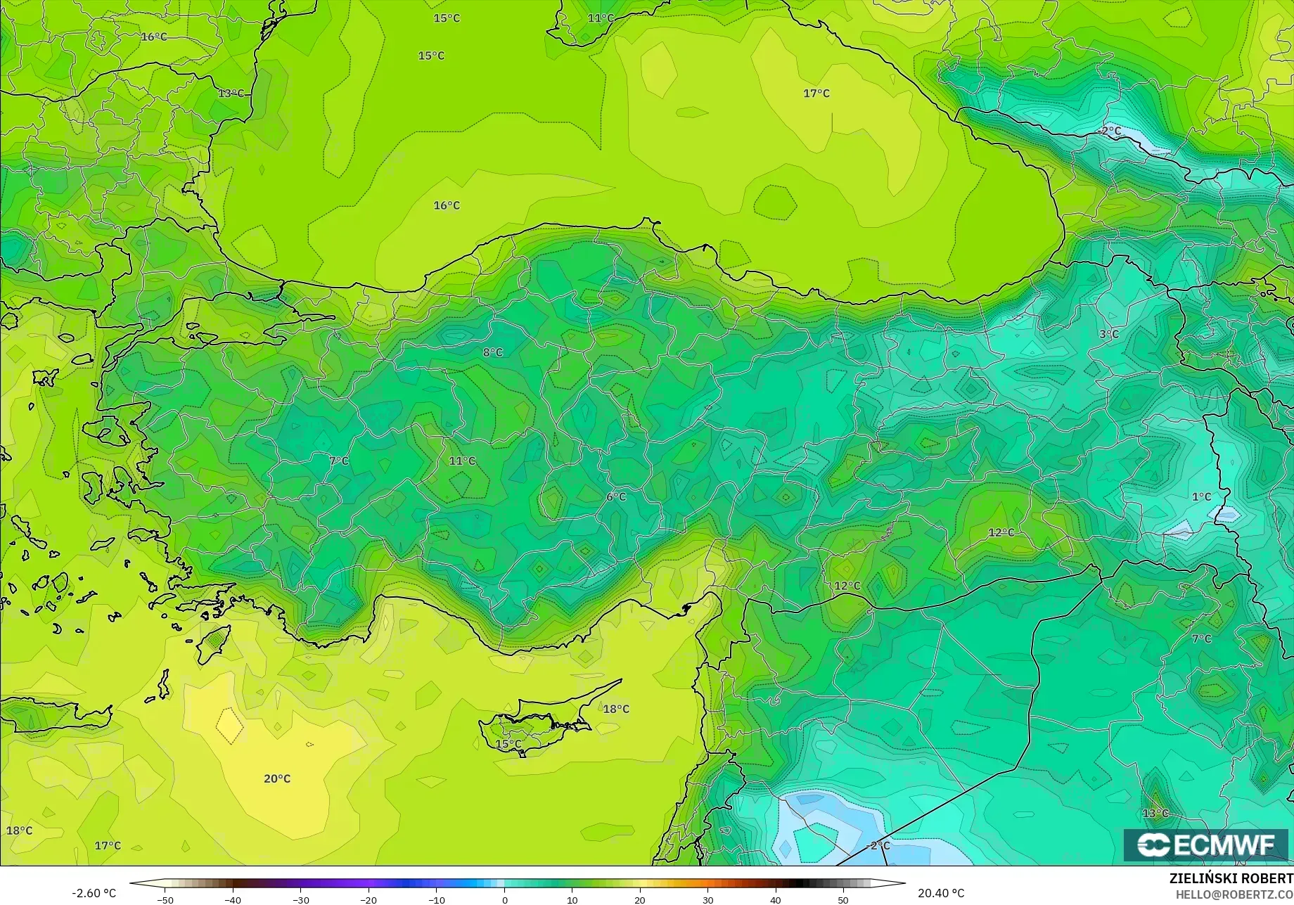 ECMWF IFS 0.25° model - Turkey, Dewpoint at 2m