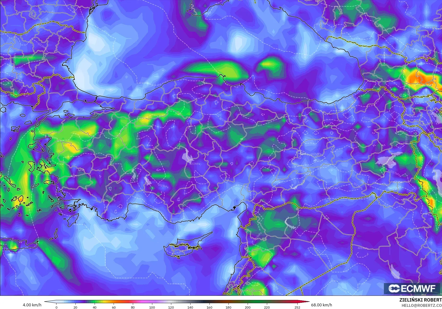 ECMWF IFS 0.25° model - Turkey, Wind Gusts Peak