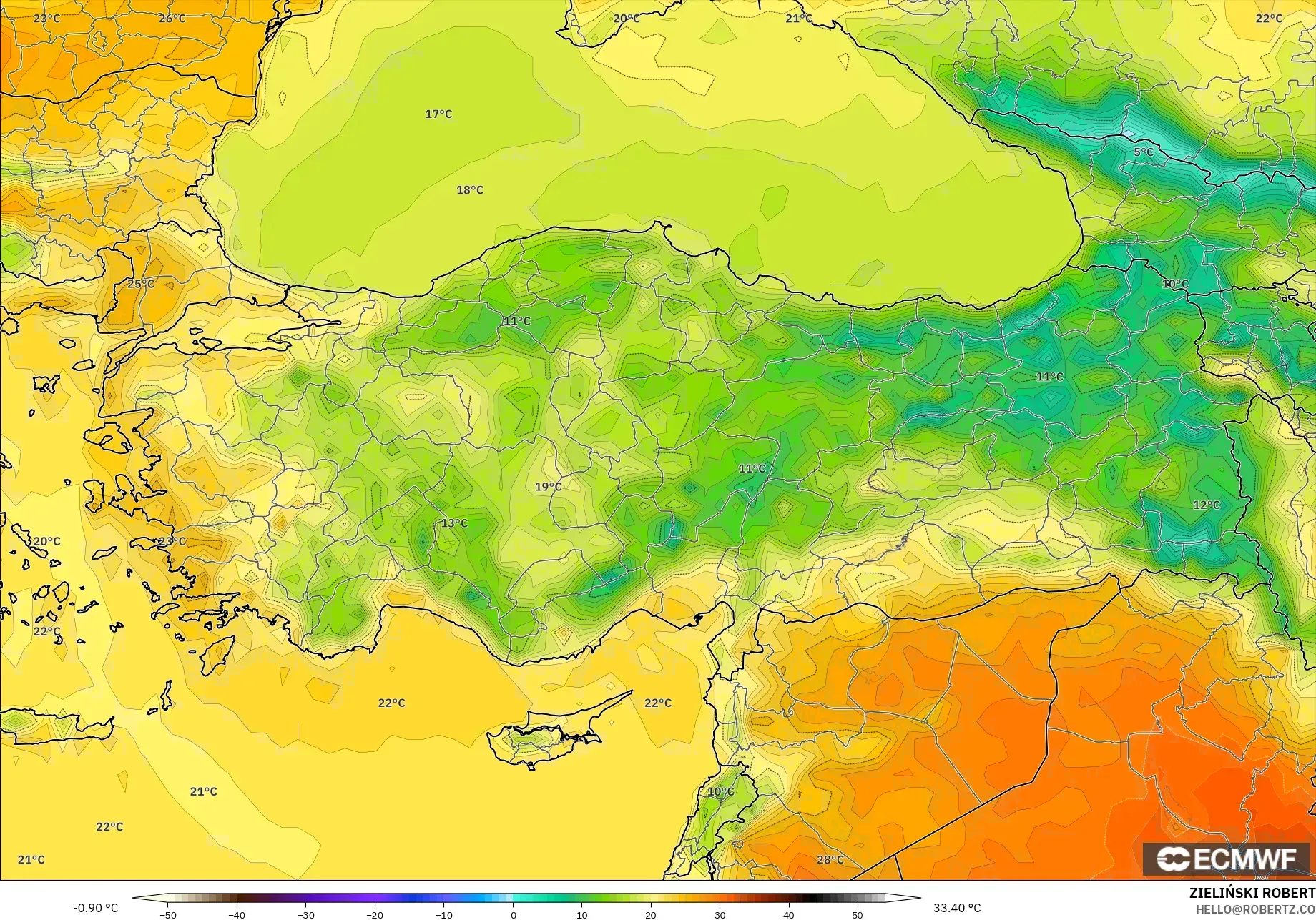 ECMWF IFS 0.25° model - Turkey, Temperature at 2m