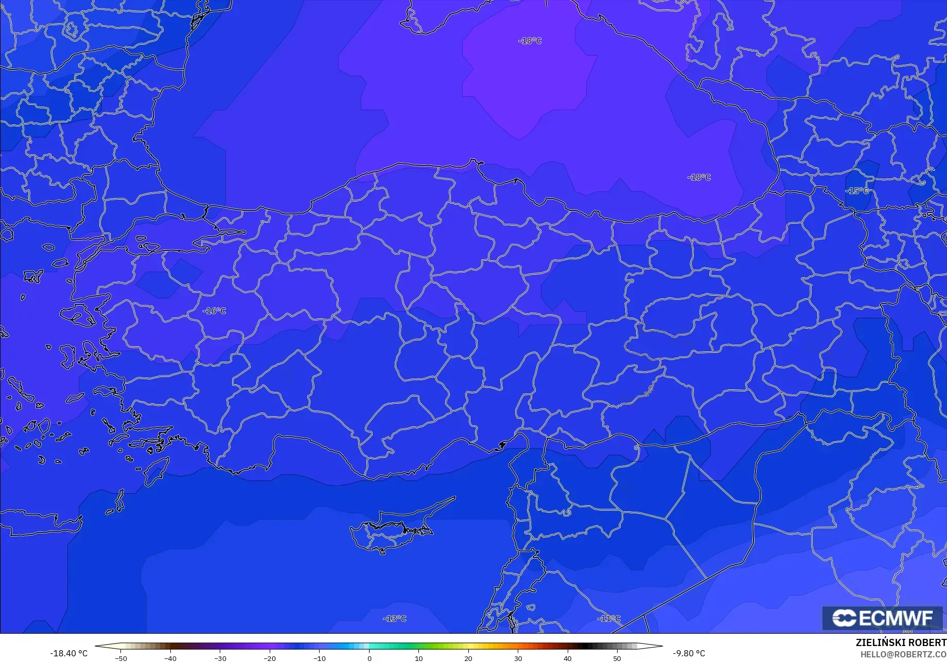 ECMWF IFS 0.25° model - Turkey, Temperature at 500hPa