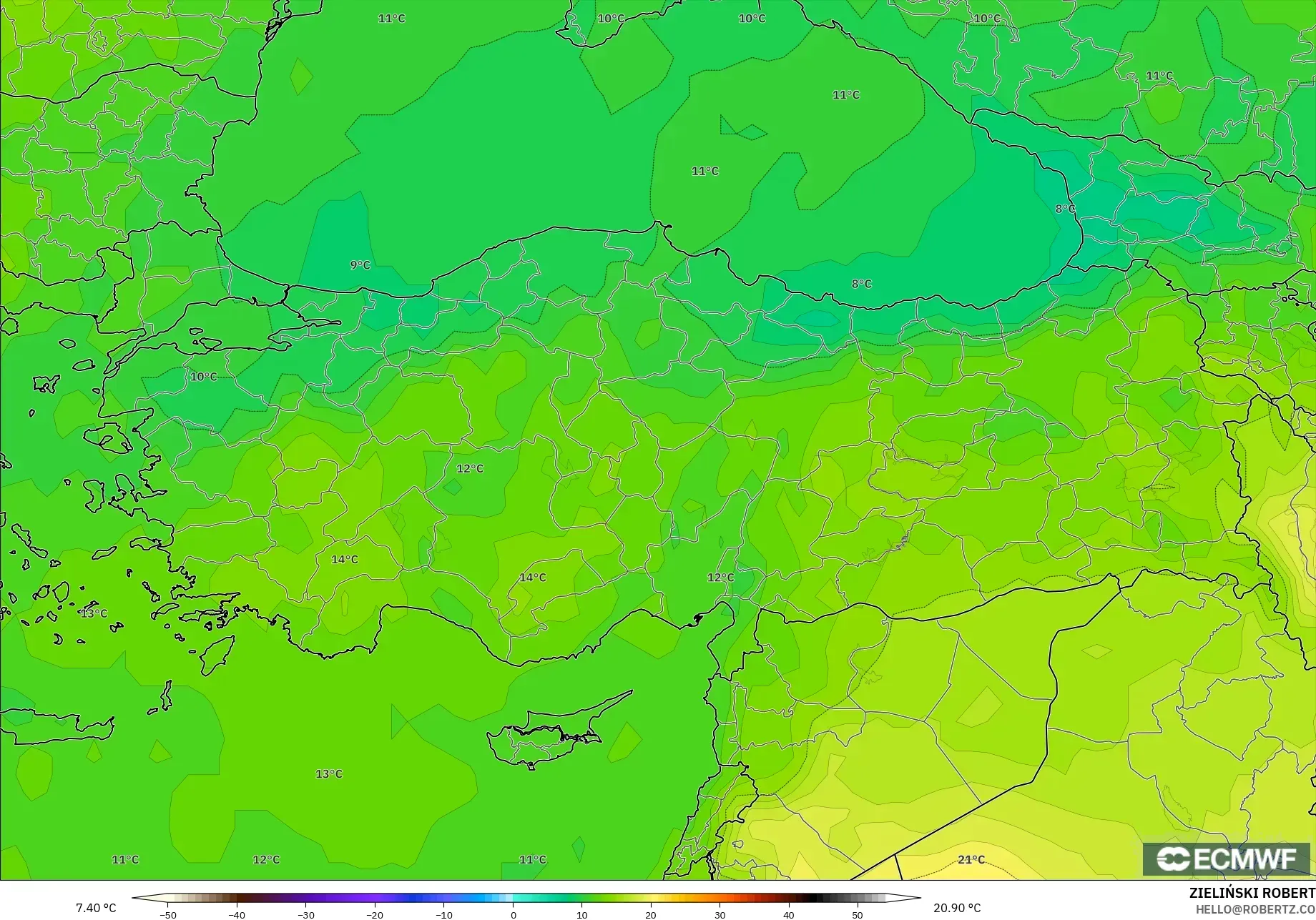 ECMWF IFS 0.25° model - Turkey, Temperature at 850hPa