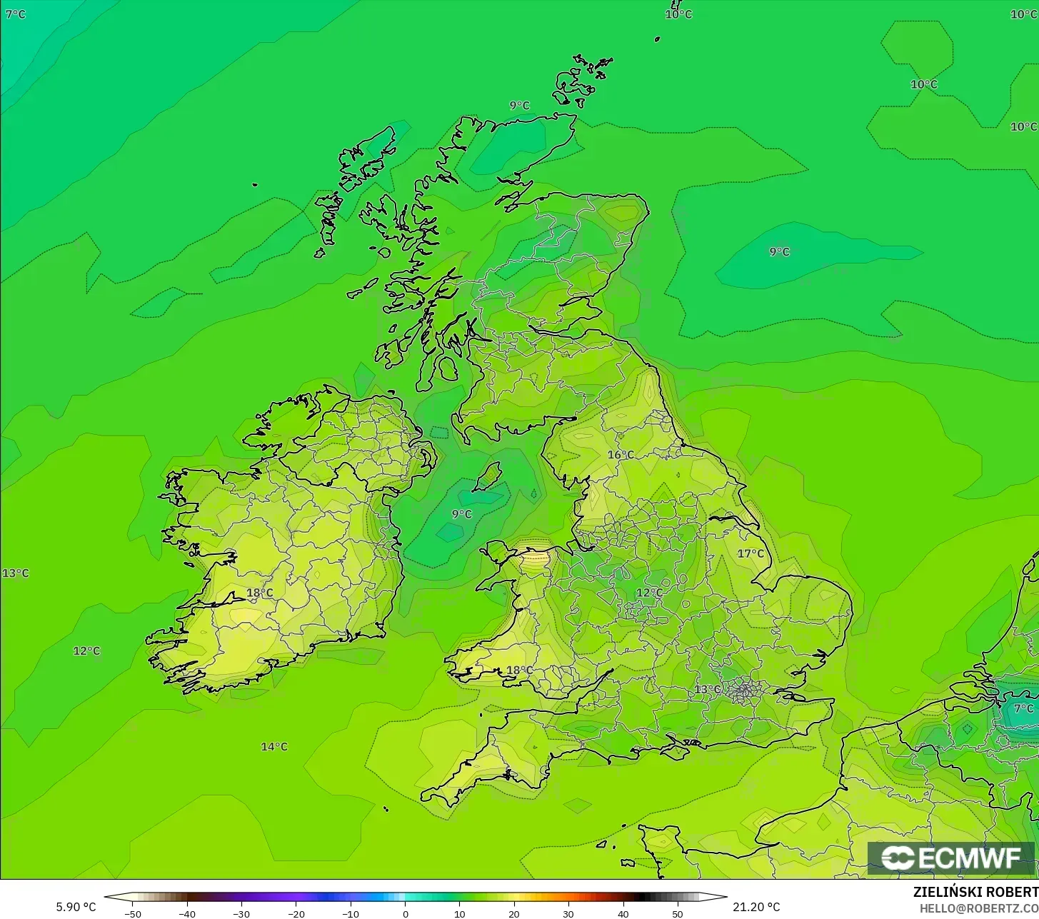 ECMWF IFS 0.25° model - United Kingdom, Dewpoint at 2m