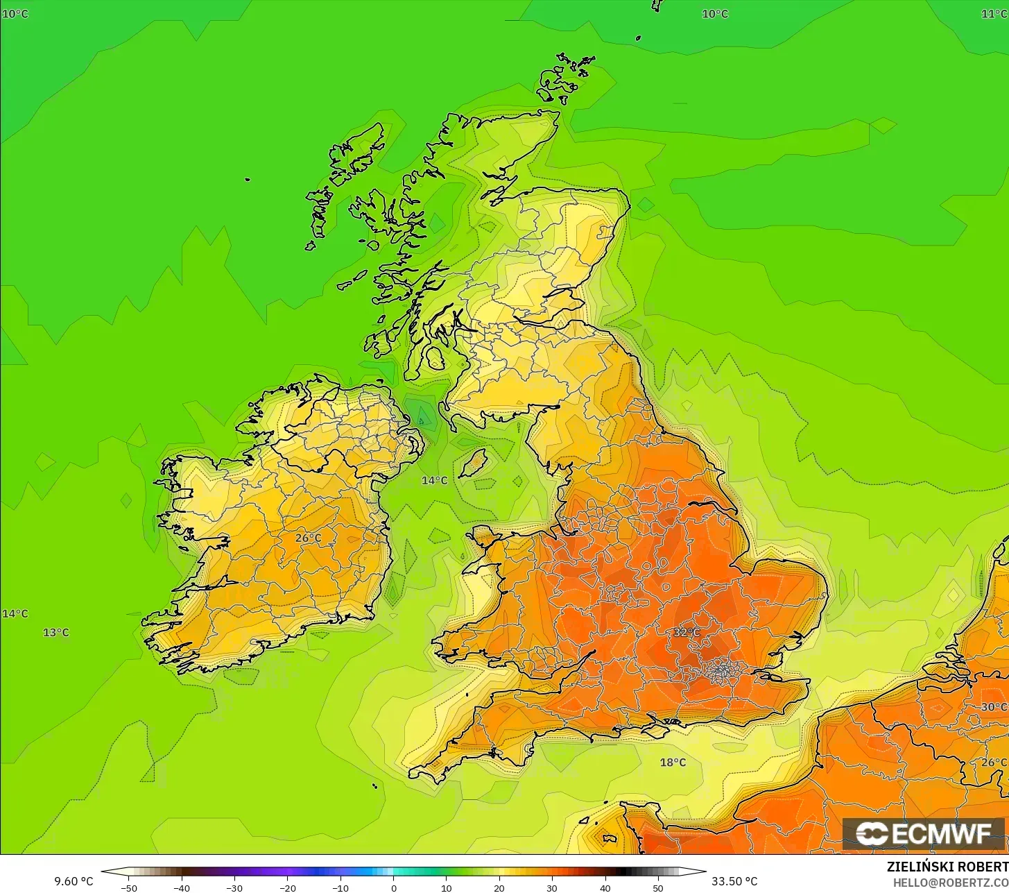 ECMWF IFS 0.25° model - United Kingdom, Temperature at 2m