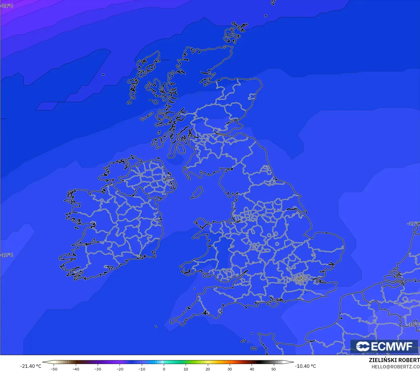 ECMWF IFS 0.25° model - United Kingdom, Temperature at 500hPa