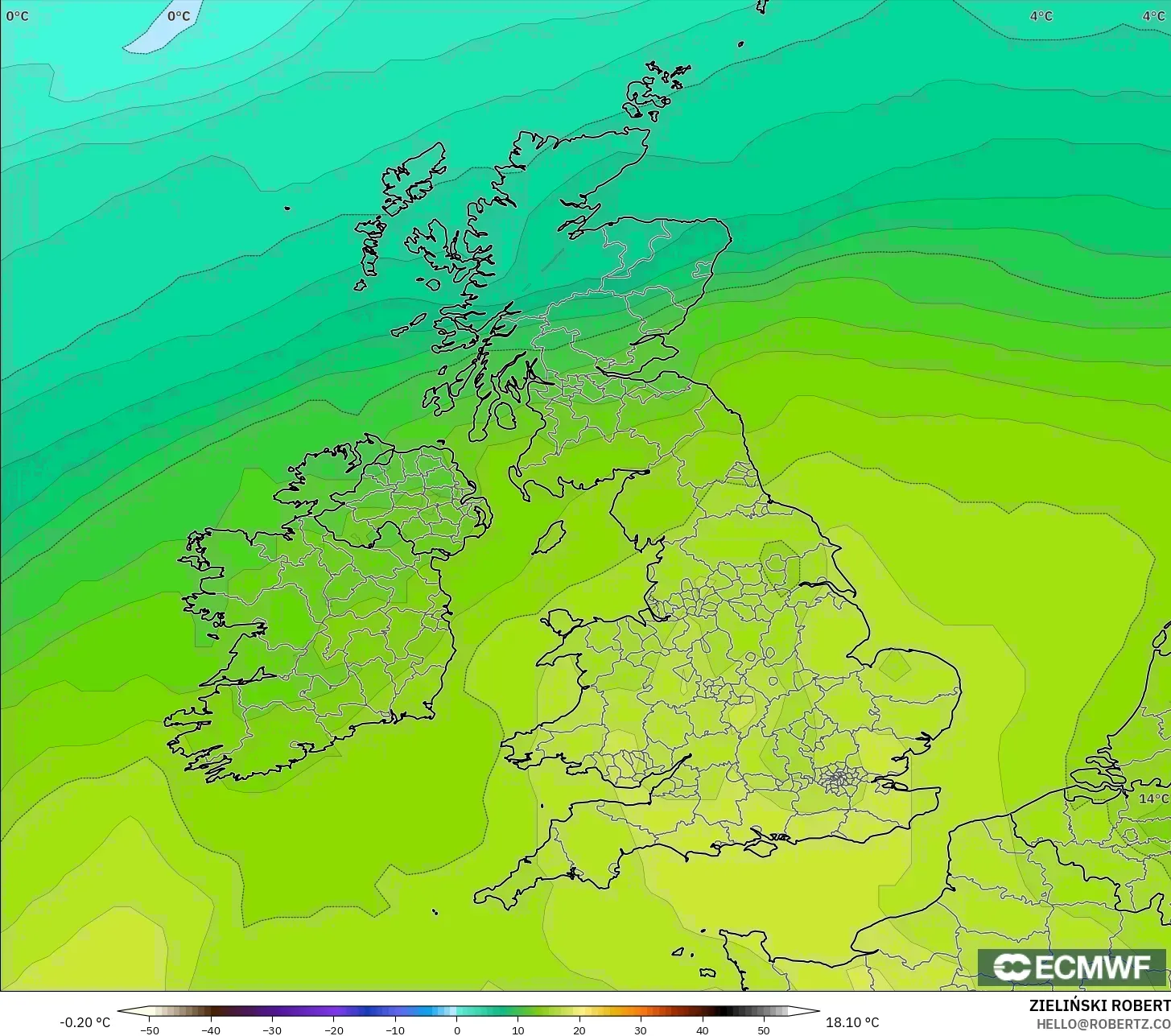 ECMWF IFS 0.25° model - United Kingdom, Temperature at 850hPa