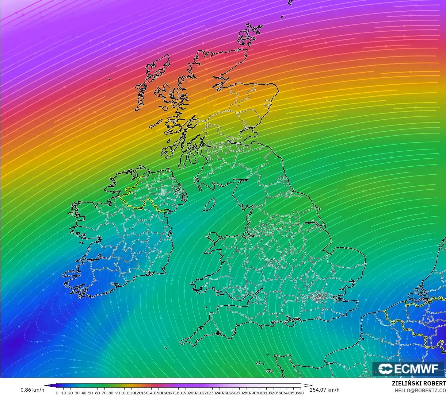 ECMWF IFS 0.25° model - United Kingdom, Wind at 300hPa (jet stream)