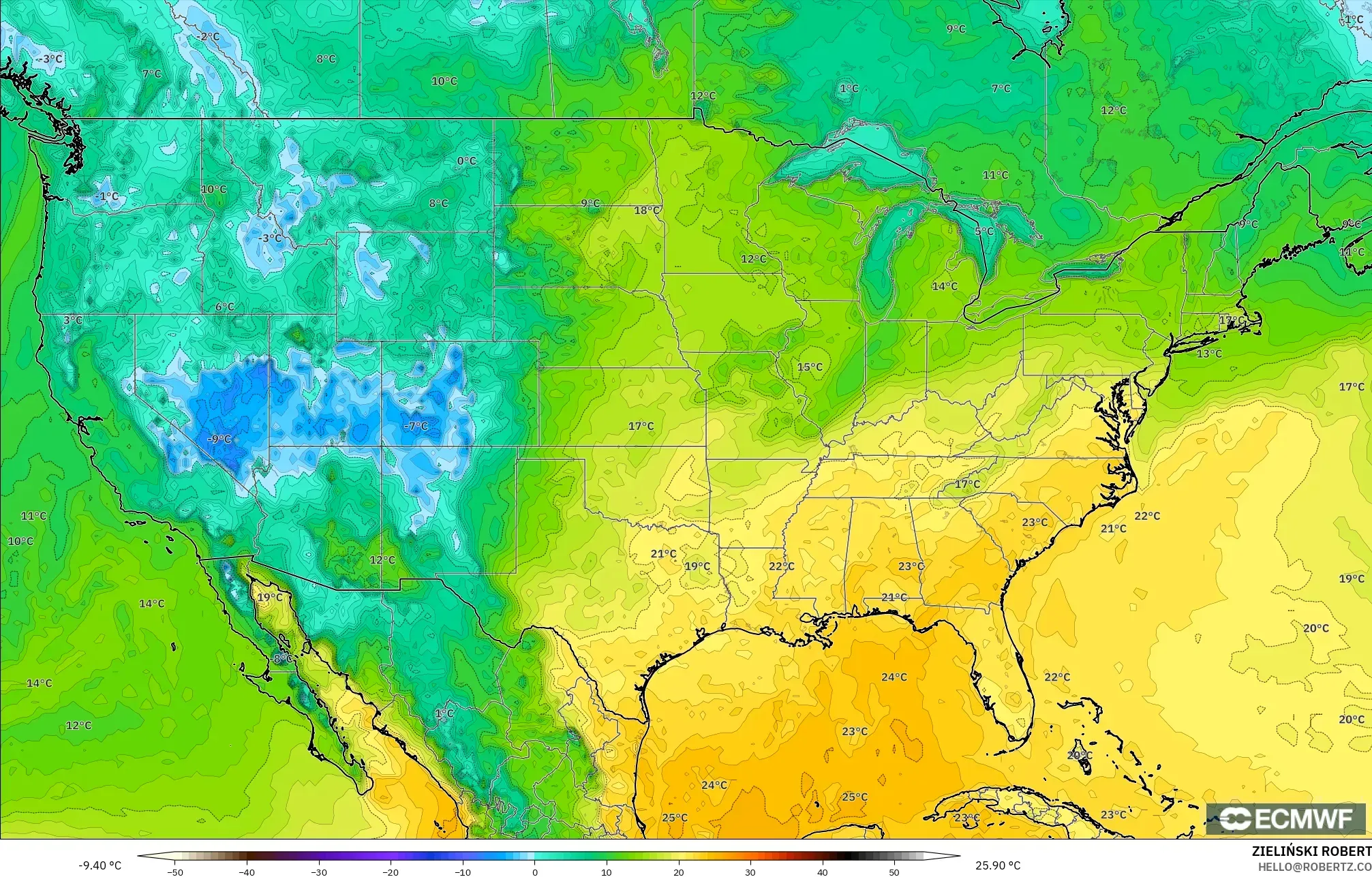 ECMWF IFS 0.25° model - United States, Dewpoint at 2m