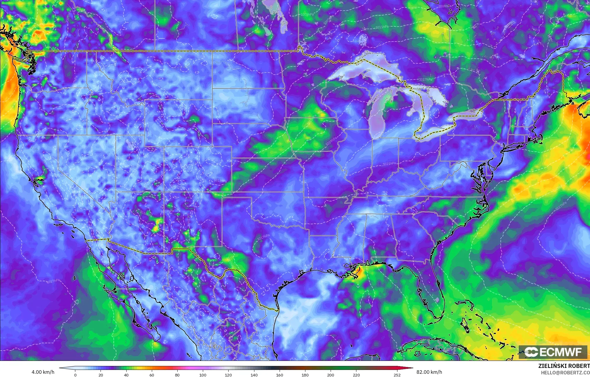 ECMWF IFS 0.25° model - United States, Wind Gusts Peak