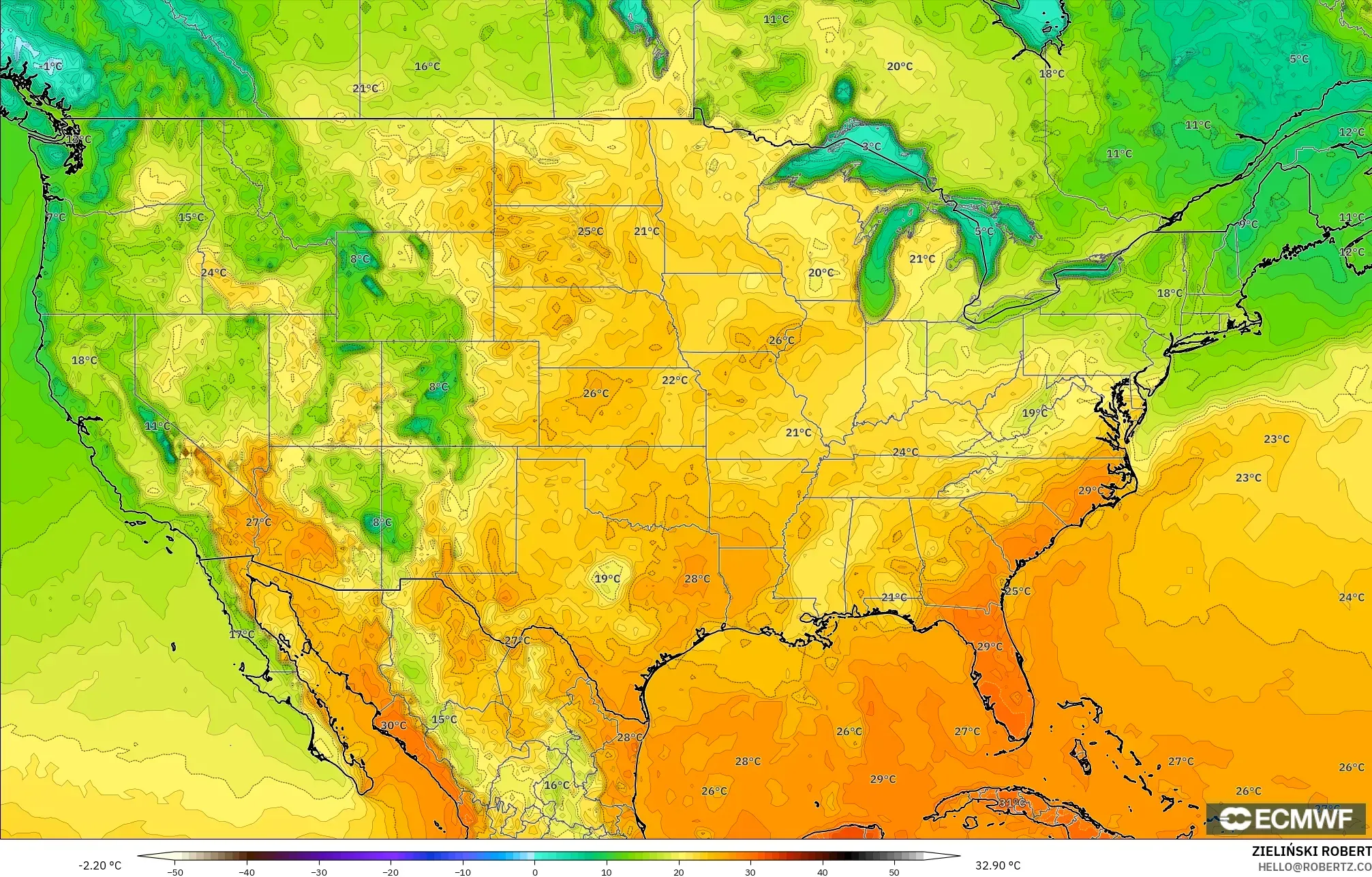ECMWF IFS 0.25° model - United States, Temperature at 2m