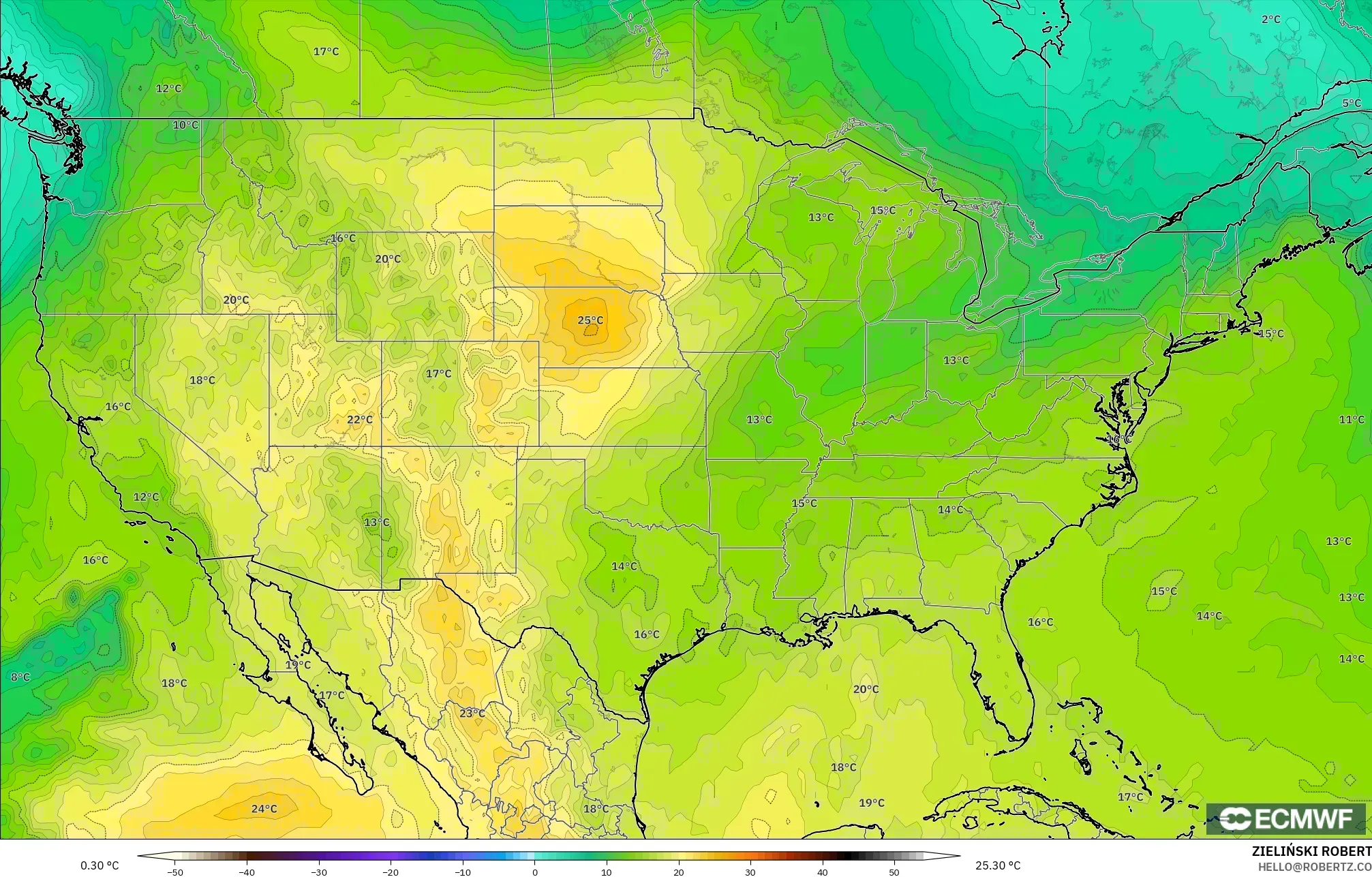 ECMWF IFS 0.25° model - United States, Temperature at 850hPa