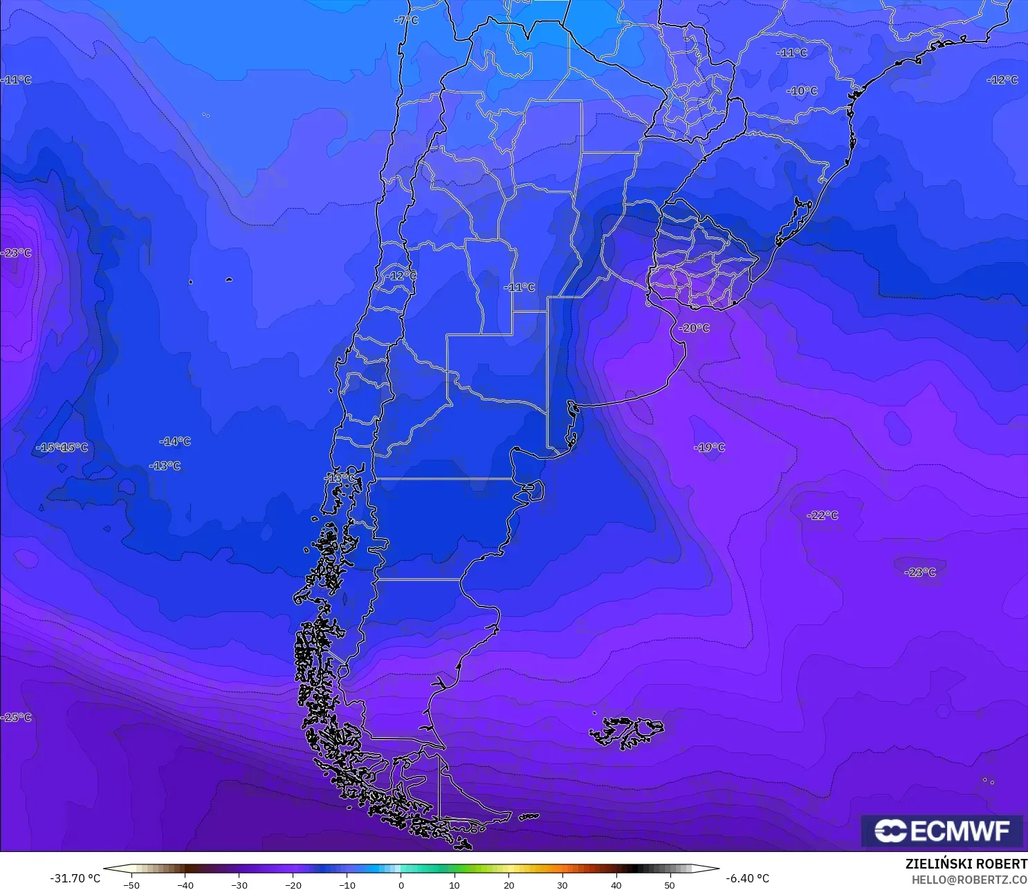 ECMWF IFS 0.25° model - Argentina, Temperature at 500hPa
