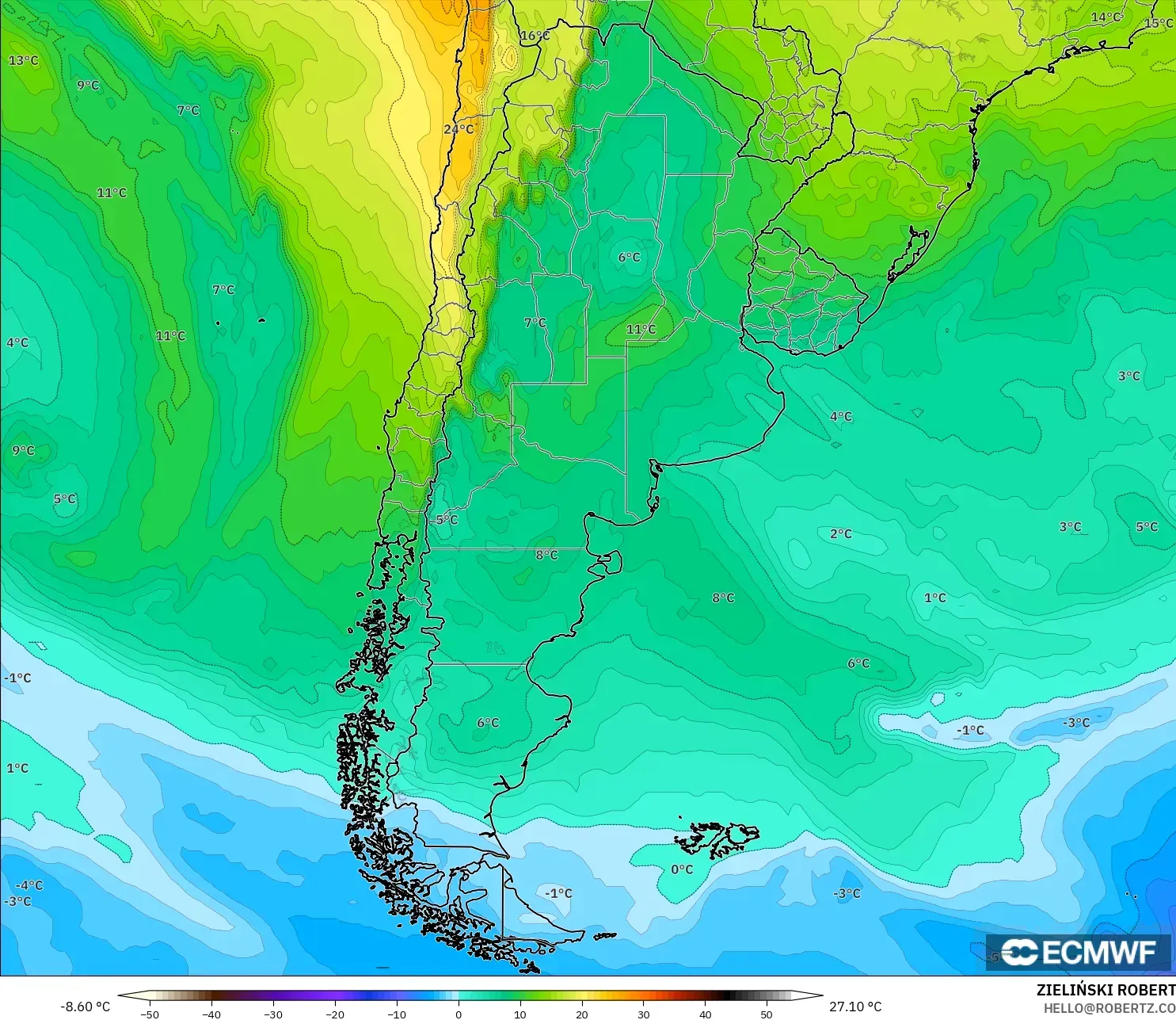 ECMWF IFS 0.25° model - Argentina, Temperature at 850hPa