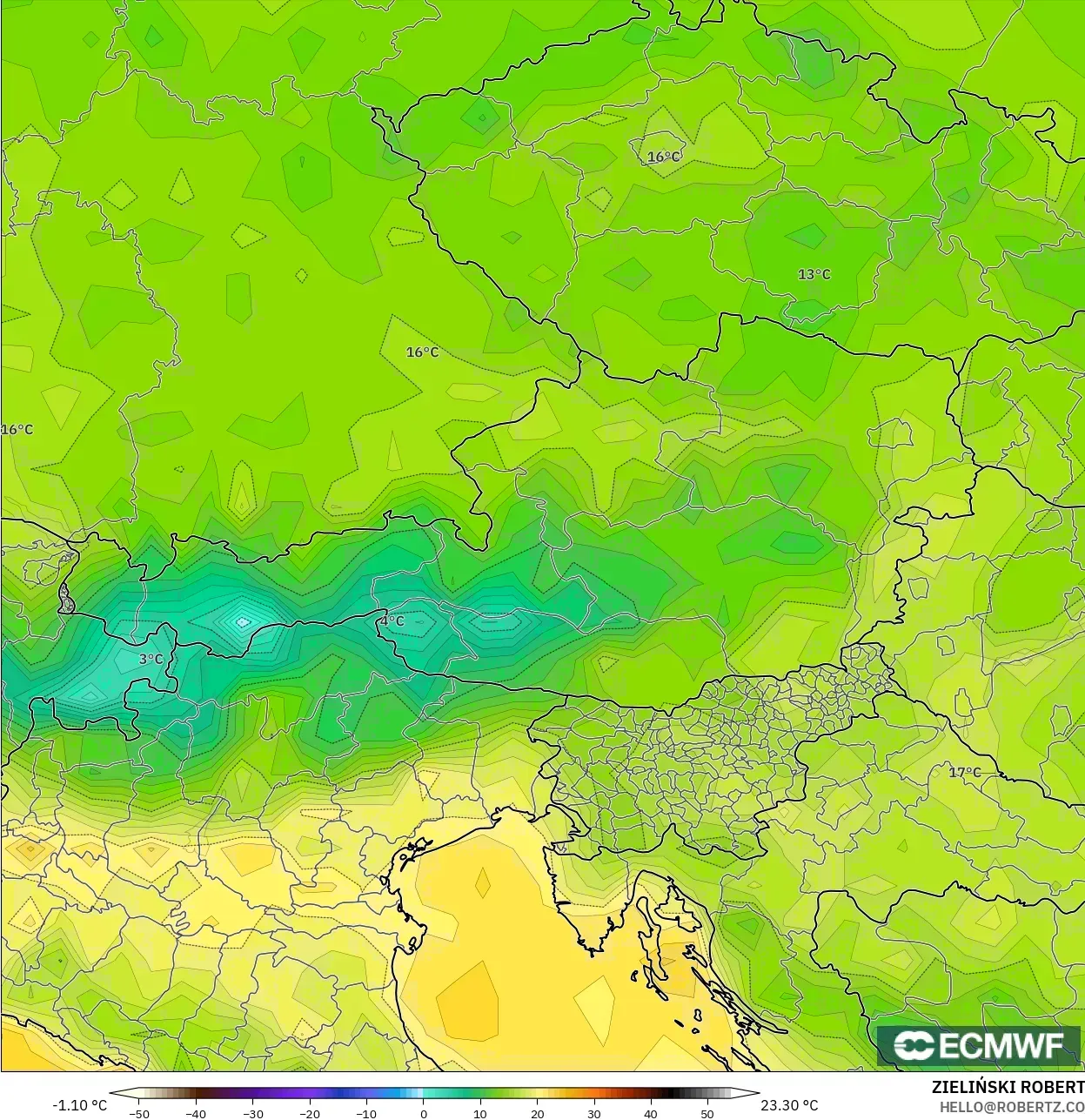 ECMWF IFS 0.25° model - Austria, Temperature at 2m