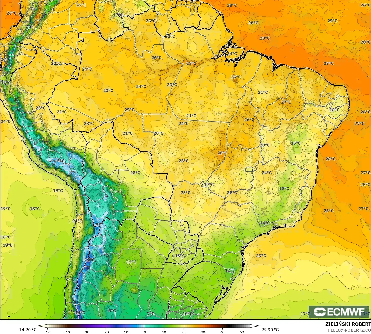 ECMWF IFS 0.25° model - Brazil, Temperature at 2m