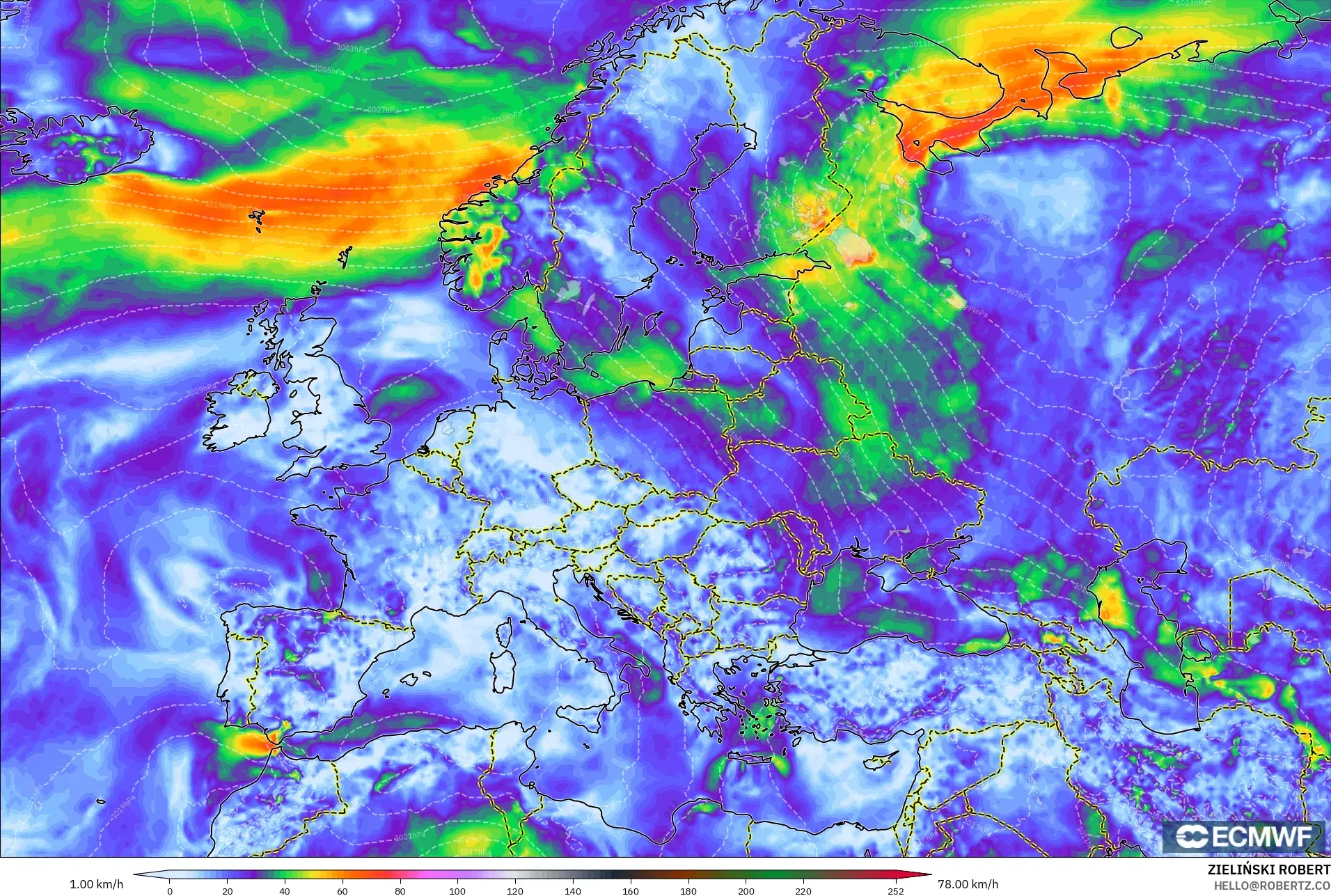 ECMWF IFS 0.25° model - Europe, Wind Gusts Peak