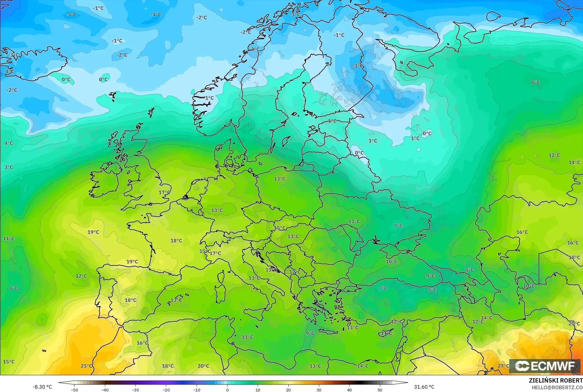 ECMWF IFS 0.25° model - Europe, Temperature at 850hPa