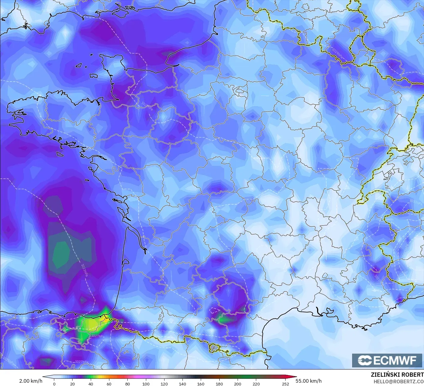 ECMWF IFS 0.25° model - France, Wind Gusts Peak