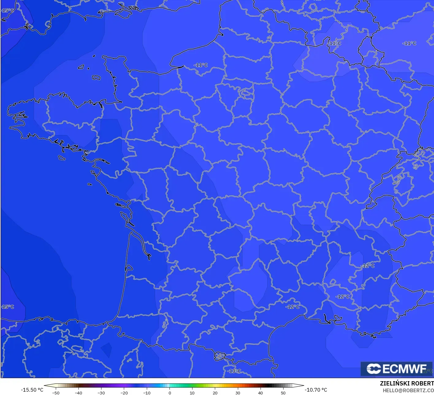ECMWF IFS 0.25° model - France, Temperature at 500hPa