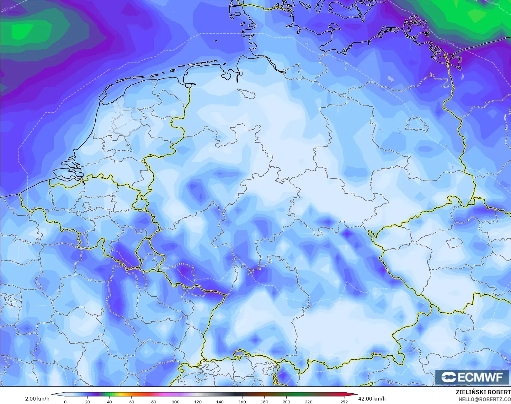 ECMWF IFS 0.25° model - Germany, Wind Gusts Peak