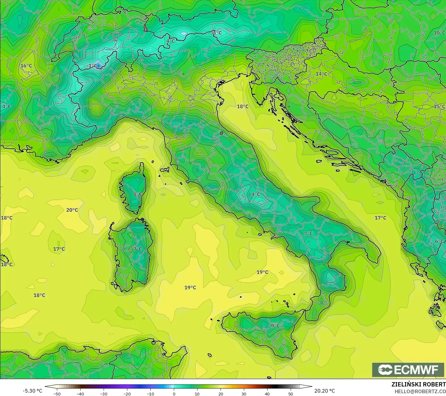 ECMWF IFS 0.25° model - Italy, Dewpoint at 2m