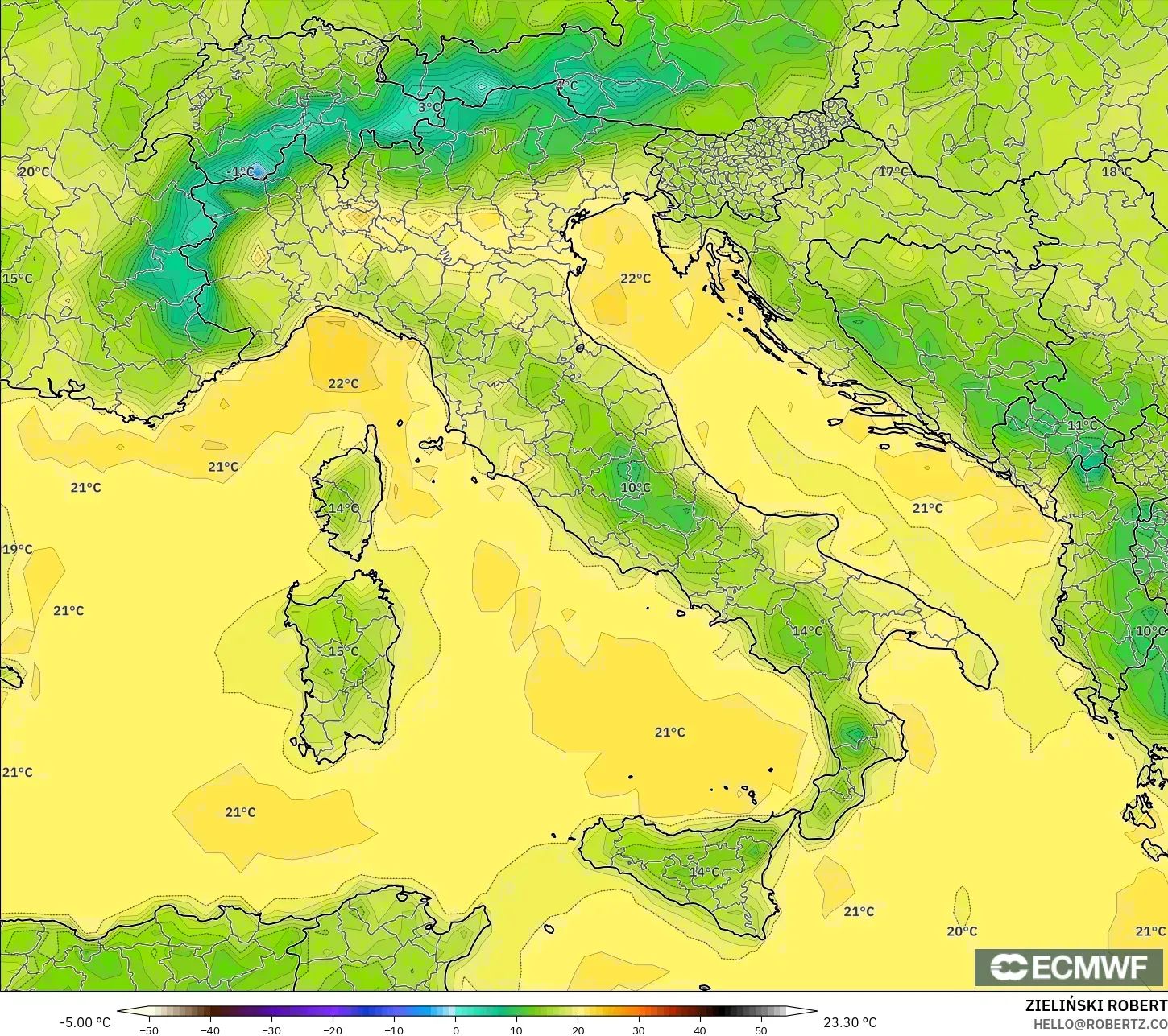 ECMWF IFS 0.25° model - Italy, Temperature at 2m
