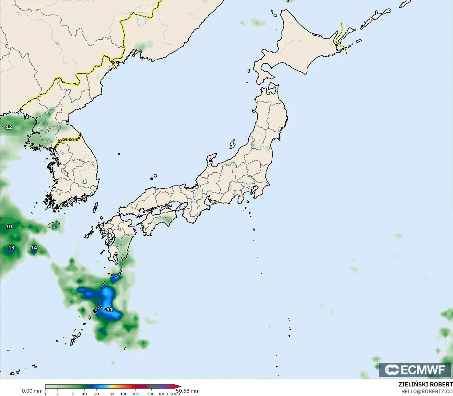 ECMWF IFS 0.25° model - Japan, Precipitation Accumulation