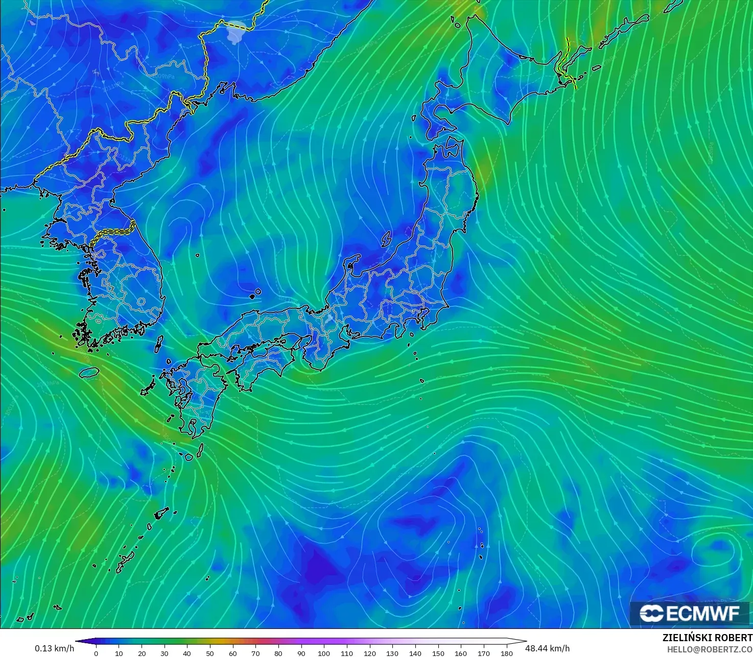 ECMWF IFS 0.25° model - Japan, Wind at 10m