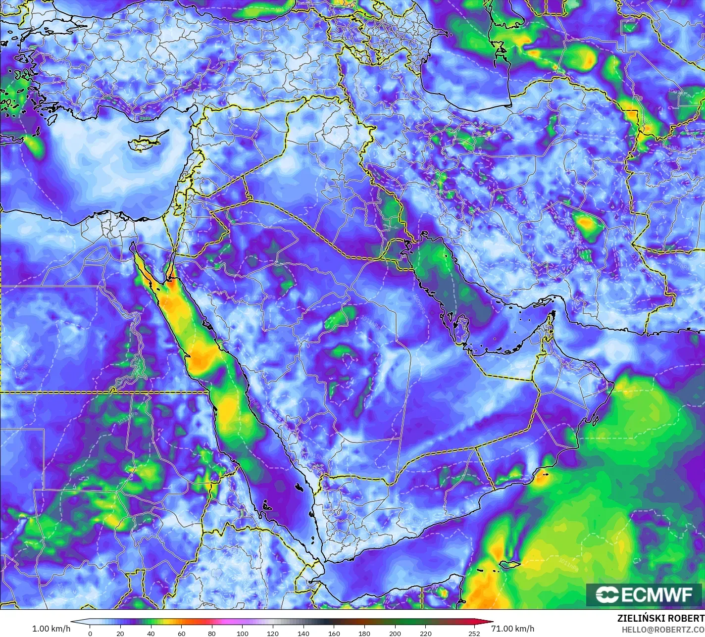 ECMWF IFS 0.25° model - Middle East, Wind Gusts Peak