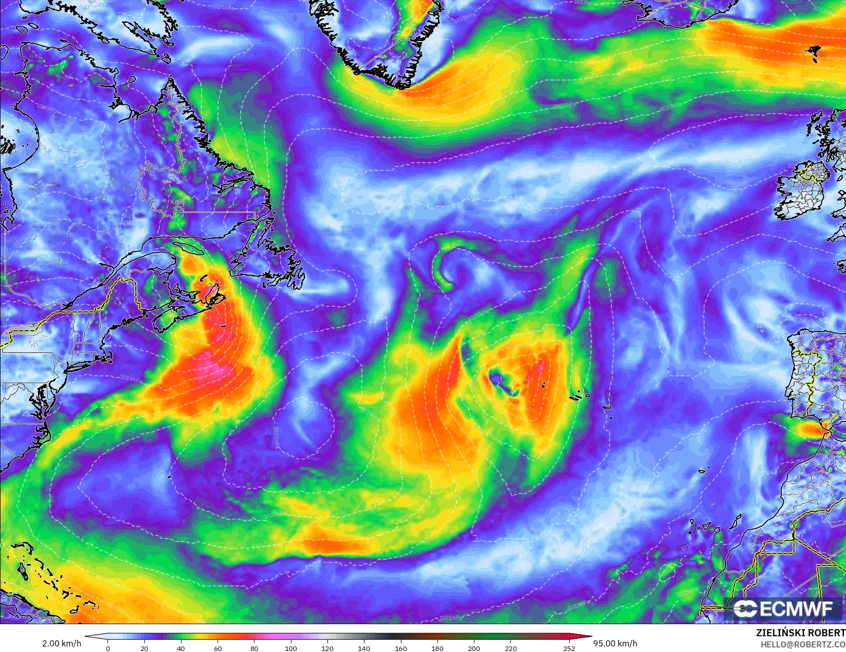 ECMWF IFS 0.25° model - North Atlantic, Wind Gusts Peak