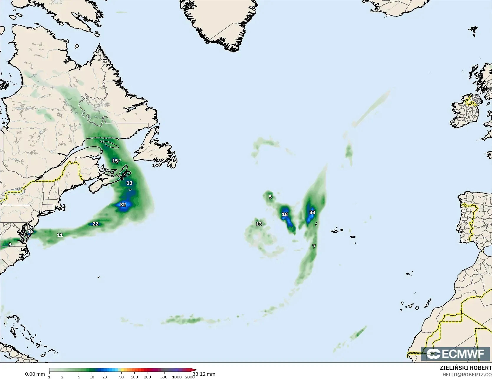 ECMWF IFS 0.25° model - North Atlantic, Precipitation Accumulation