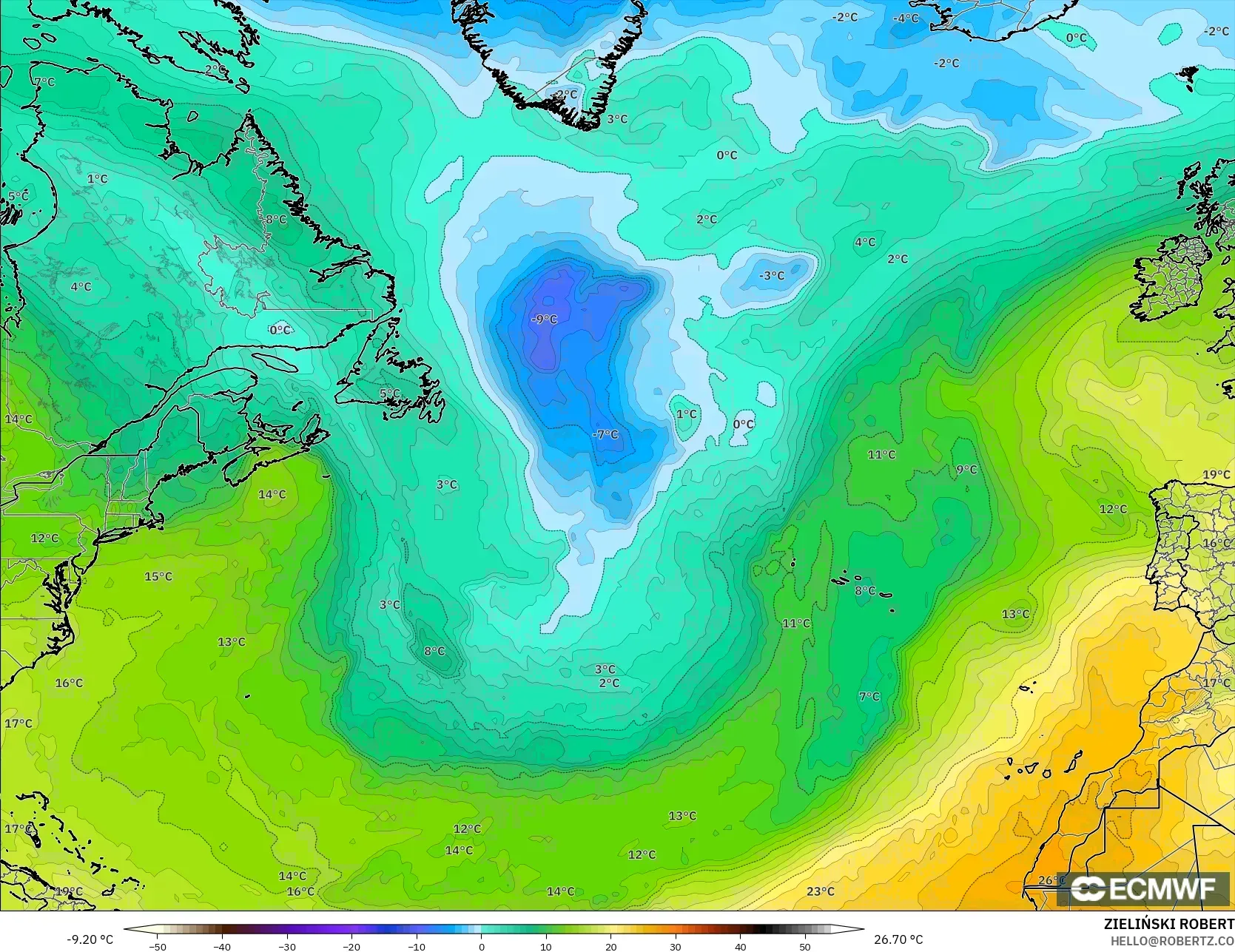 ECMWF IFS 0.25° model - North Atlantic, Temperature at 850hPa
