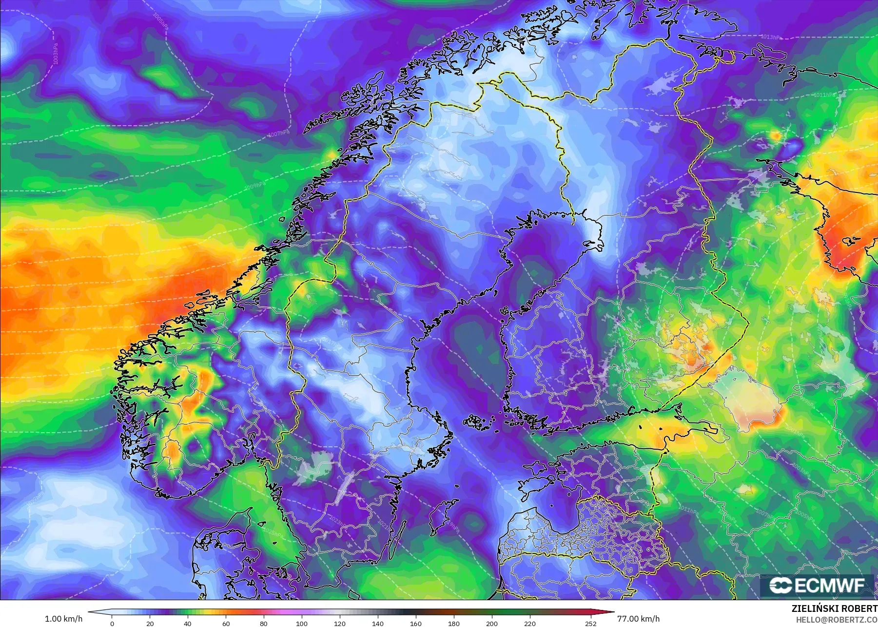 ECMWF IFS 0.25° model - Scandinavia, Wind Gusts Peak