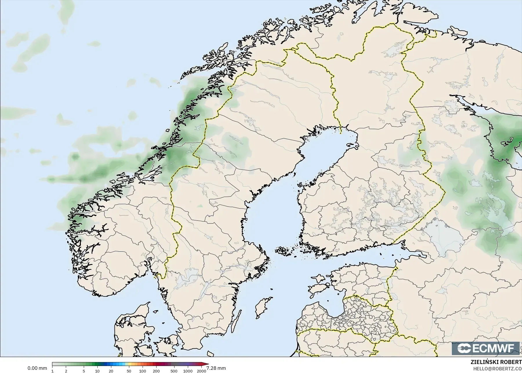ECMWF IFS 0.25° model - Scandinavia, Precipitation Accumulation