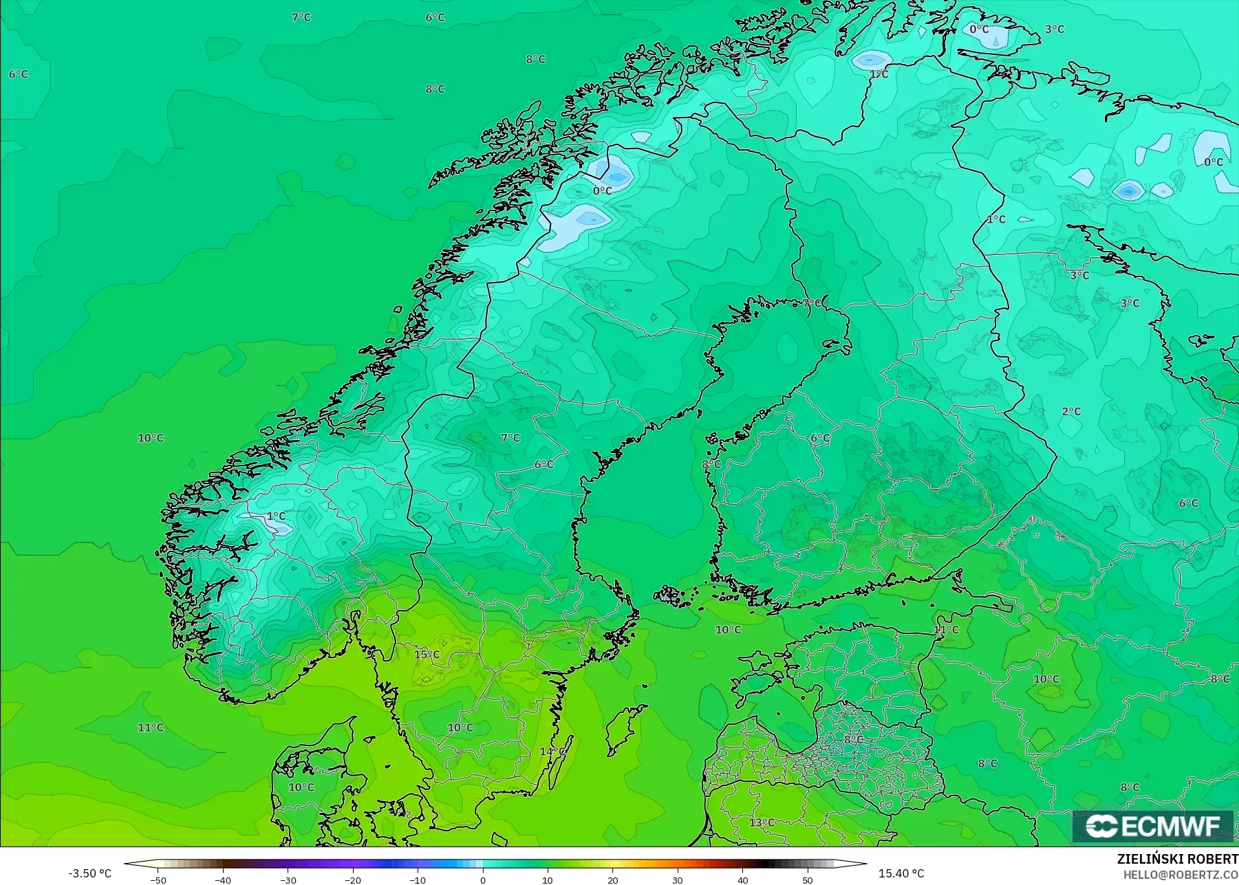 ECMWF IFS 0.25° model - Scandinavia, Temperature at 2m