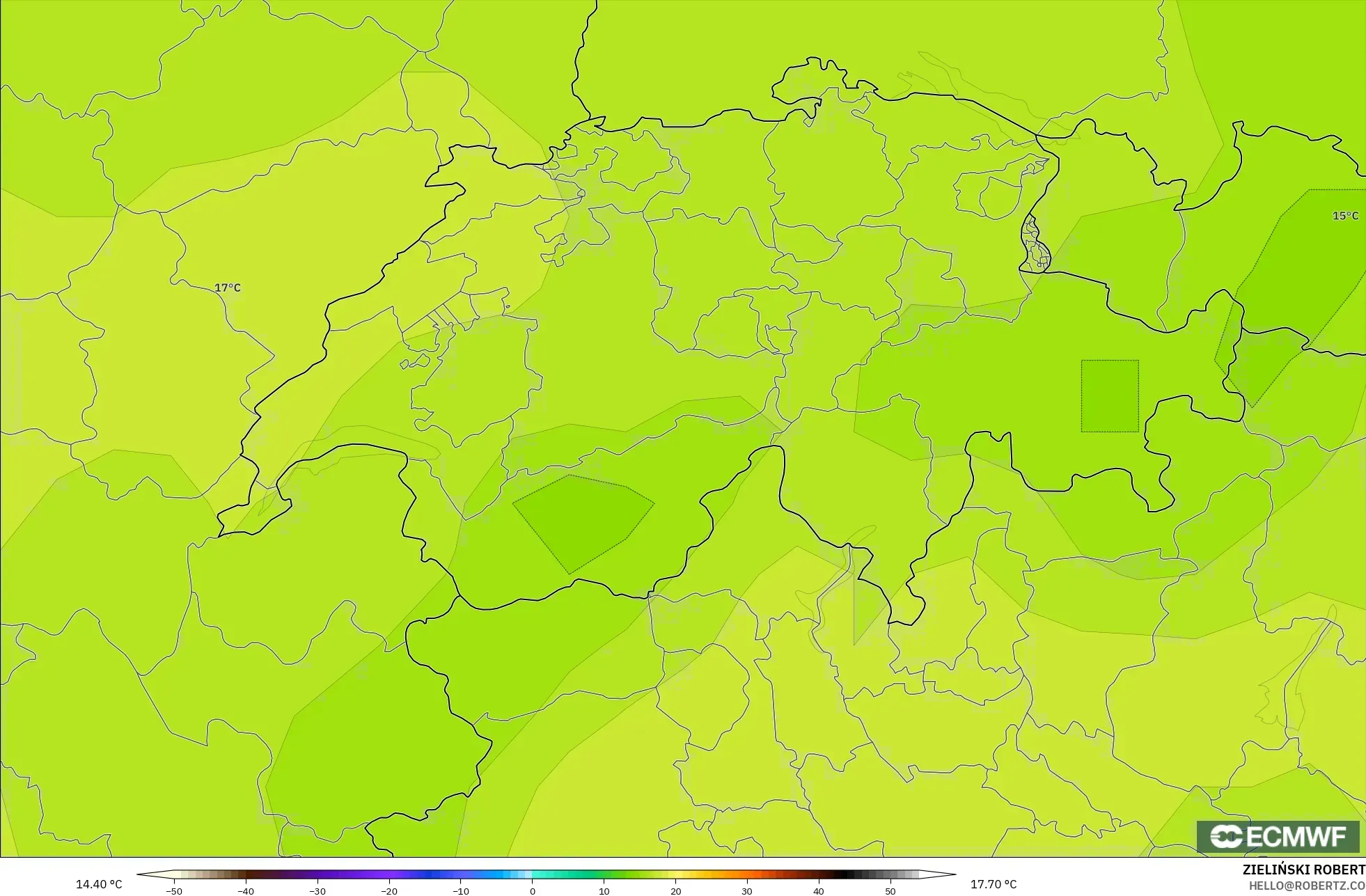 ECMWF IFS 0.25° model - Switzerland, Temperature at 850hPa