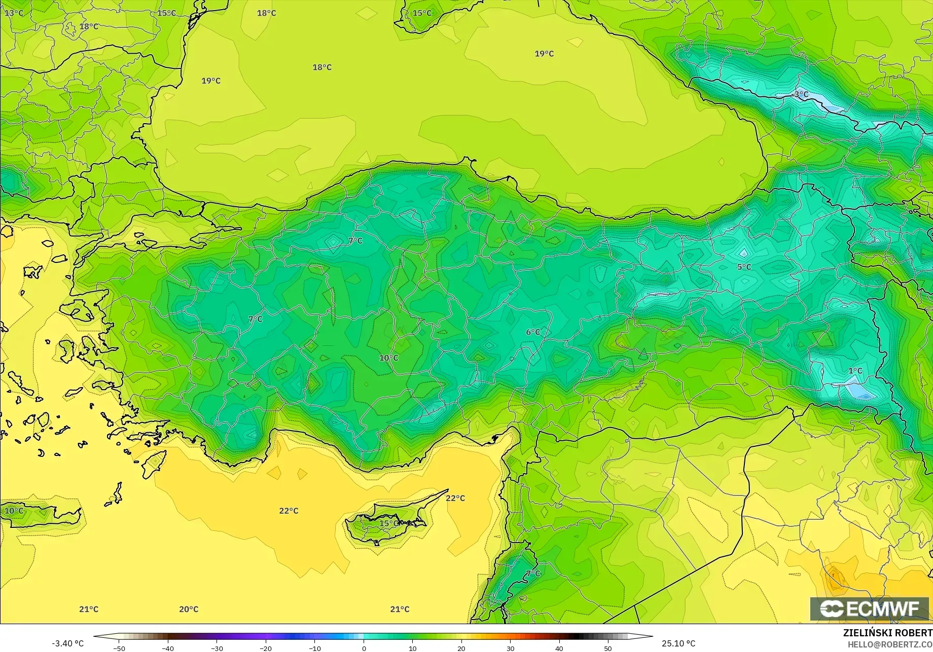 ECMWF IFS 0.25° model - Turkey, Temperature at 2m